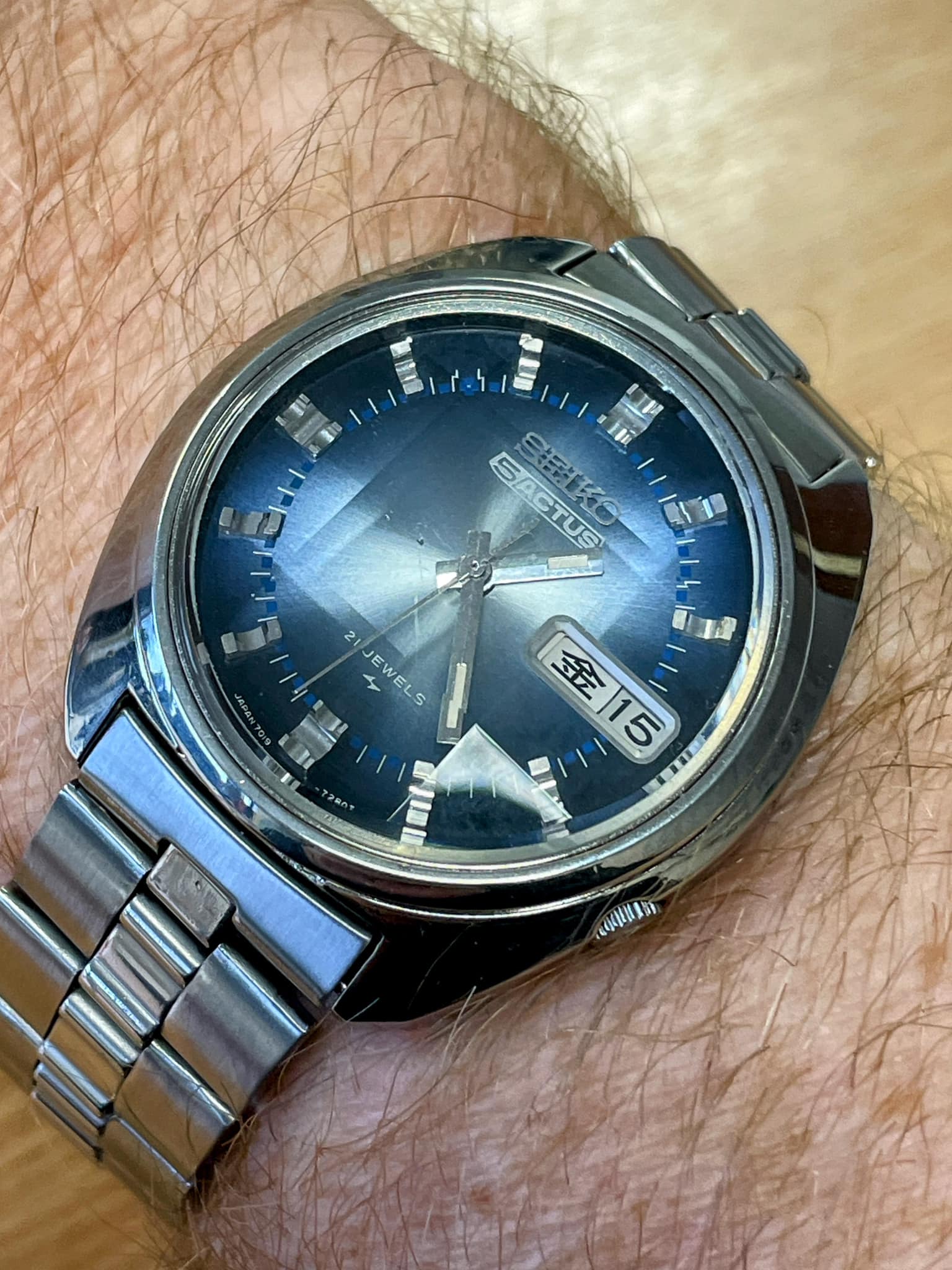 Restored 1973 Seiko watch with scratch on dial
