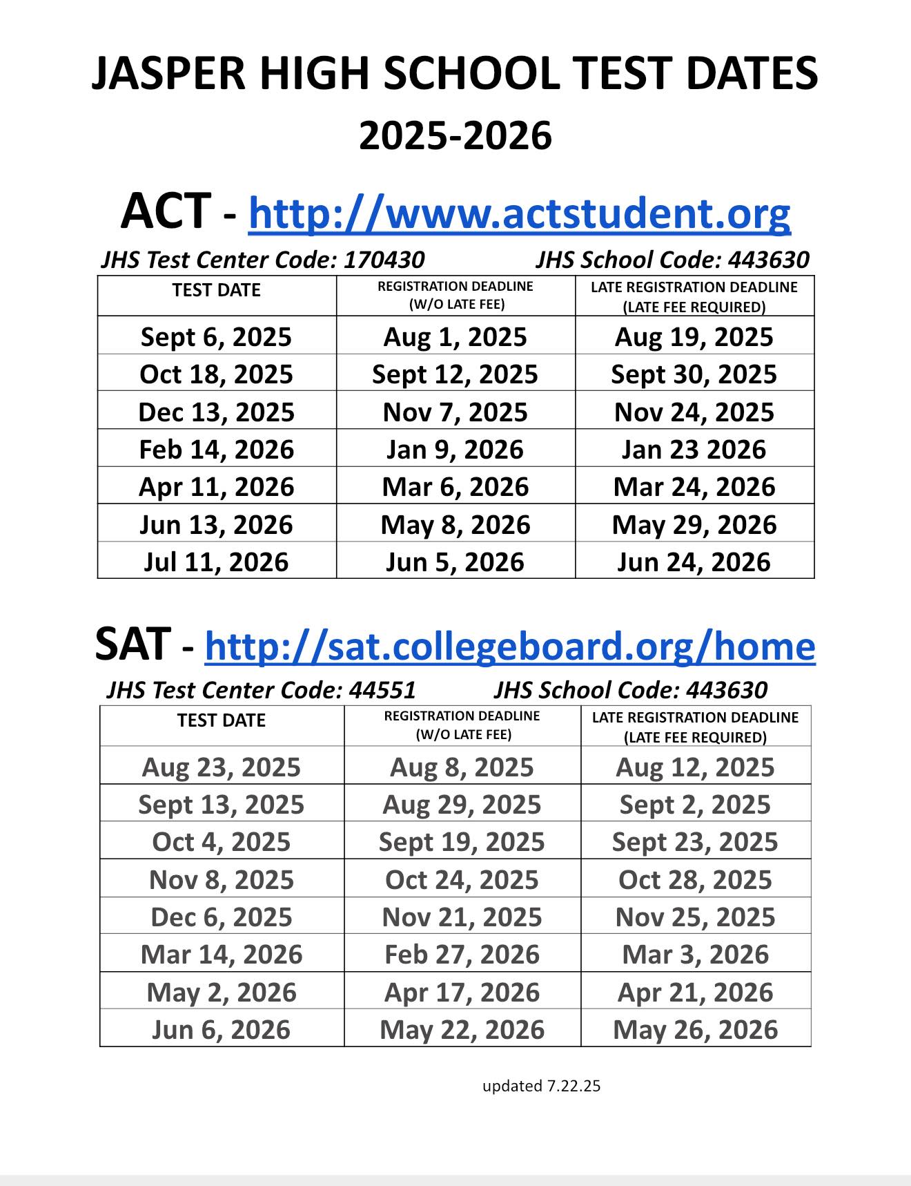 Jasper high school testing center registration