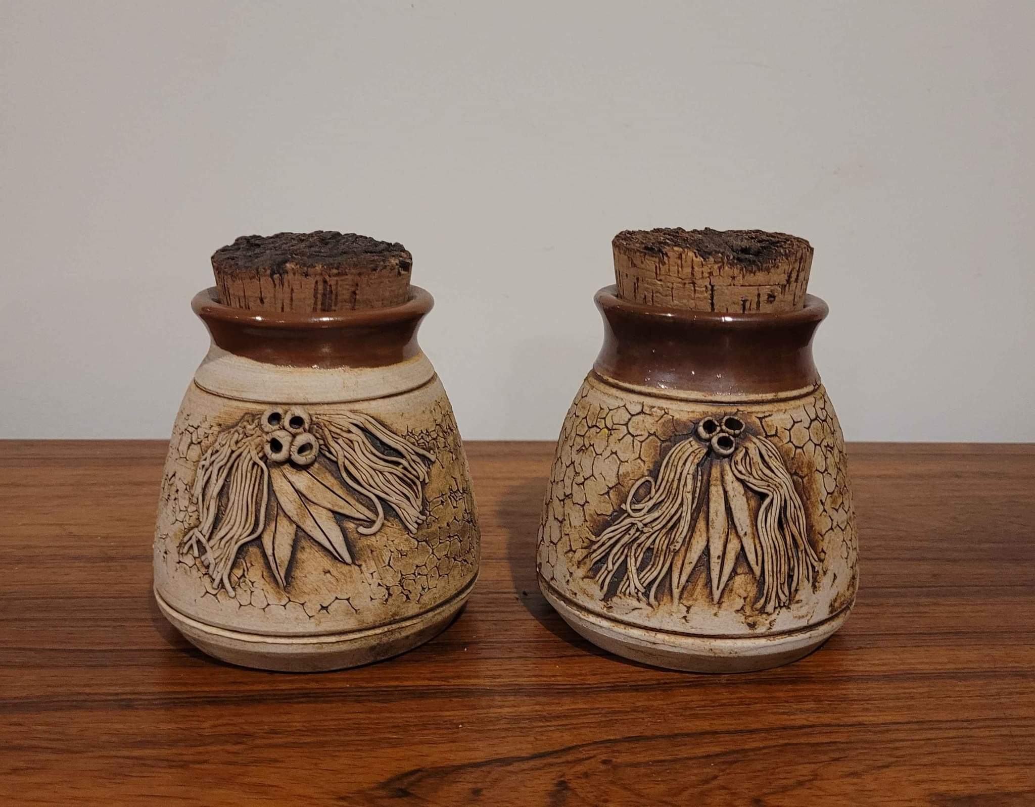 Gorgeous pair of retro Wartook Pottery handmade small cannisters