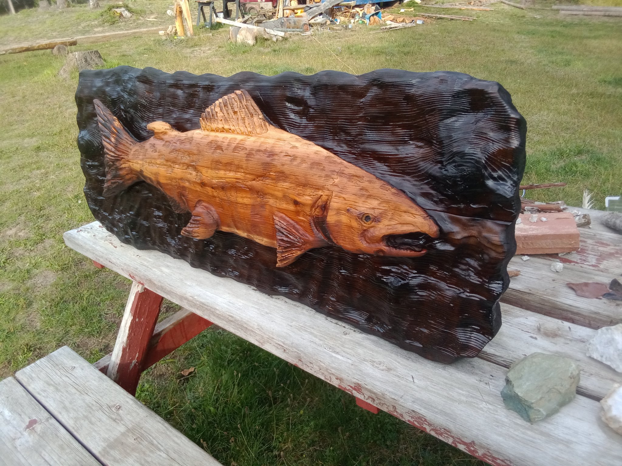 salmon carved from western red cedar. this is a beautiful  display picture 1