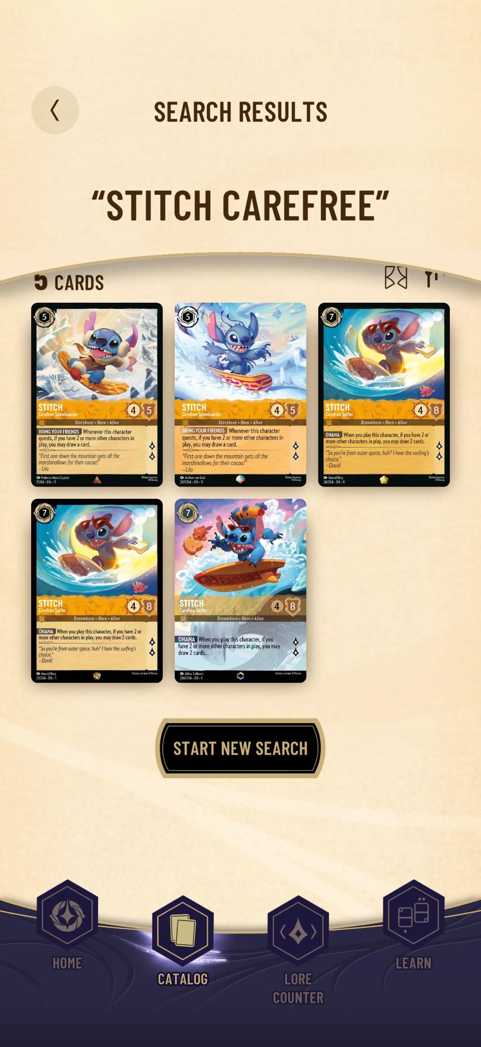 Why is Stitch Carefree Snowboarder missing from Disney Lorcana app