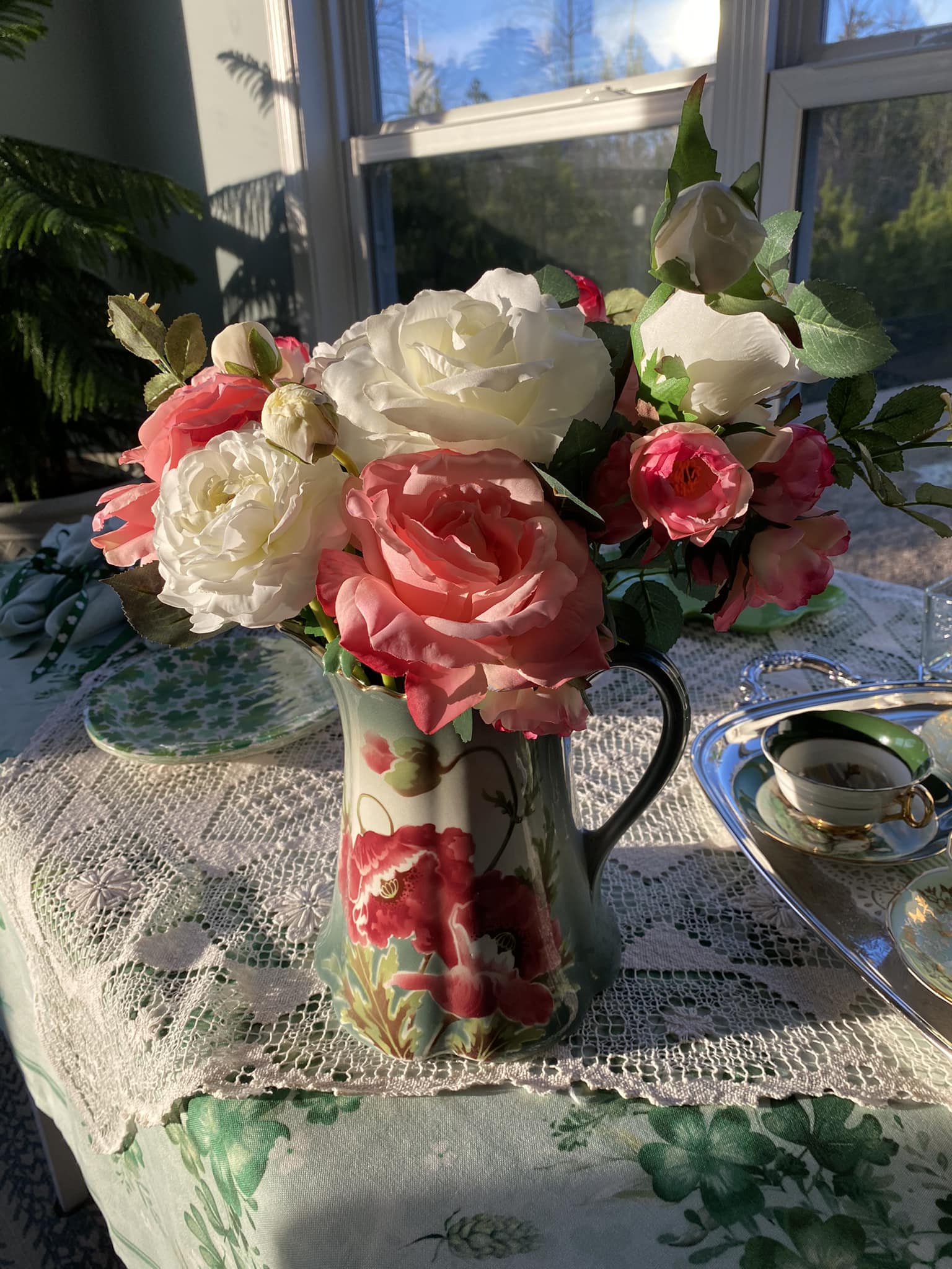 Vintage K&G Luneville France pitcher with silk flowers