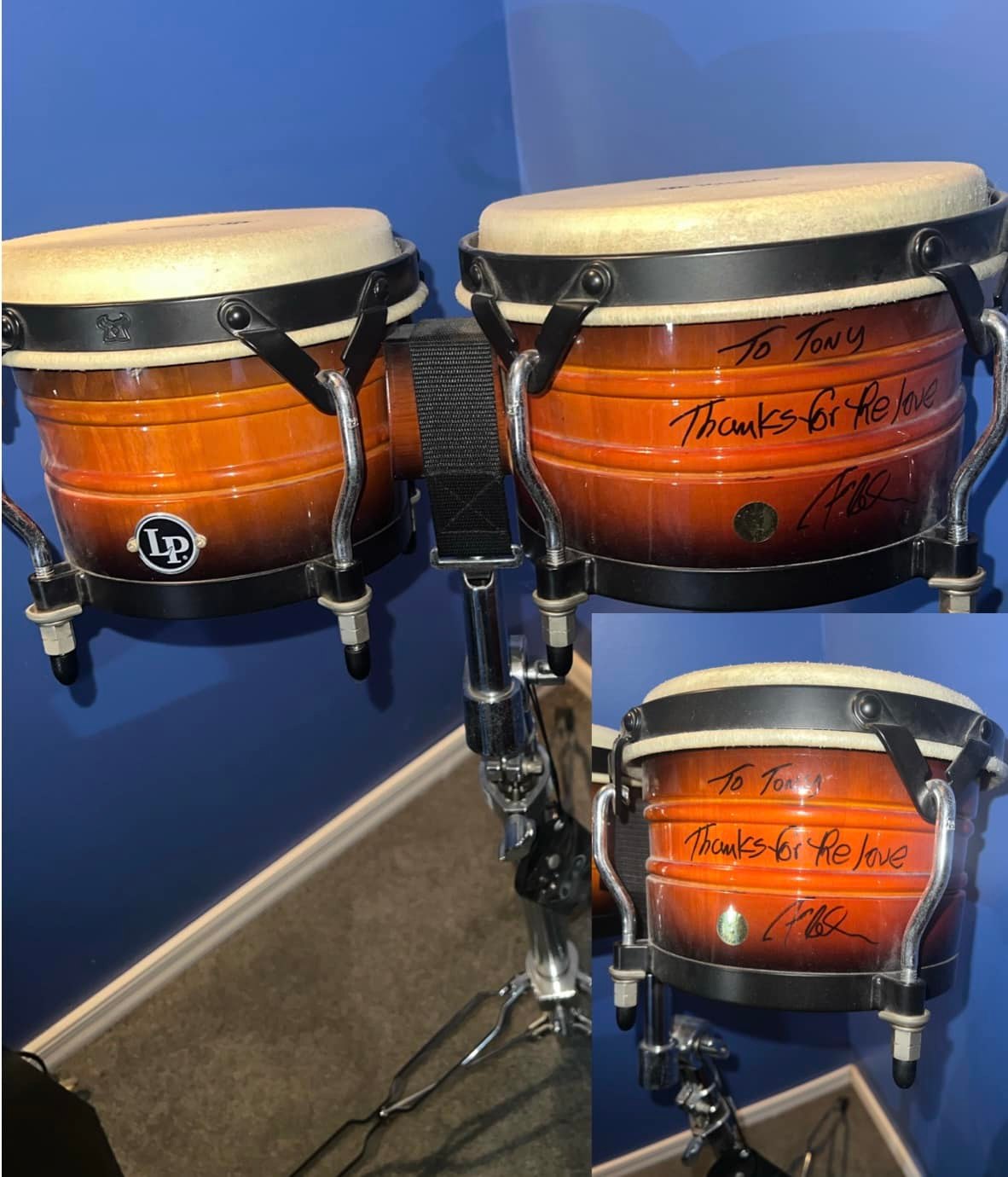 Present day photo of my 1964 LP bongos made in Maywood, NJ at