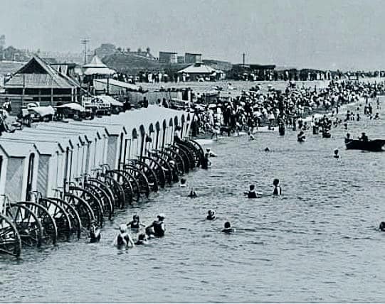 Southsea 1900 Holidaymaker's on the beach with there Bathing Machines.