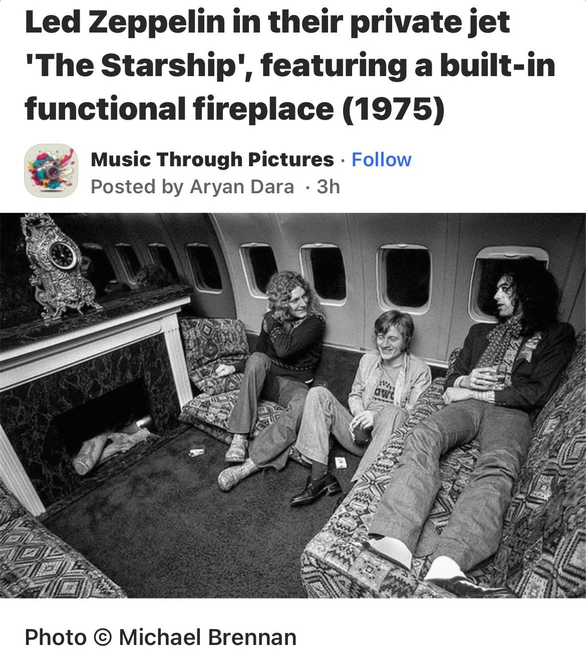Led Zeppelin hanging out in front of their fireplace in the