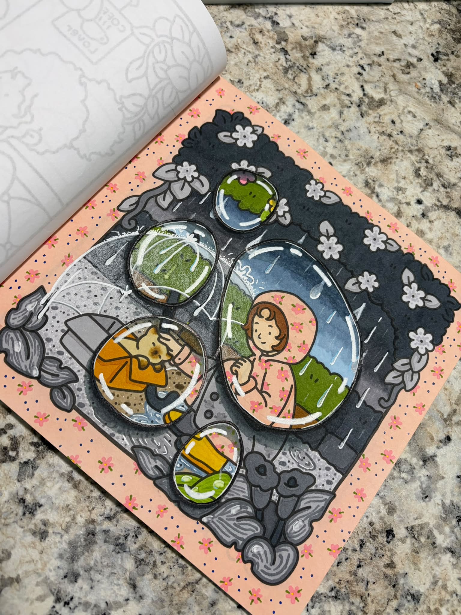 Adult coloring techniques for rainy scenes and greyscale effects