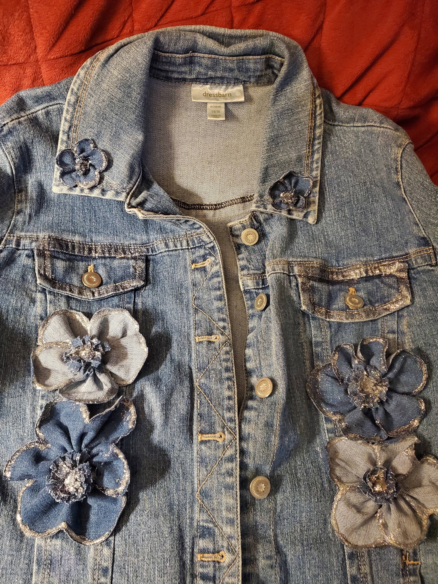 Upcycled old jeans into jacket and jewelry
