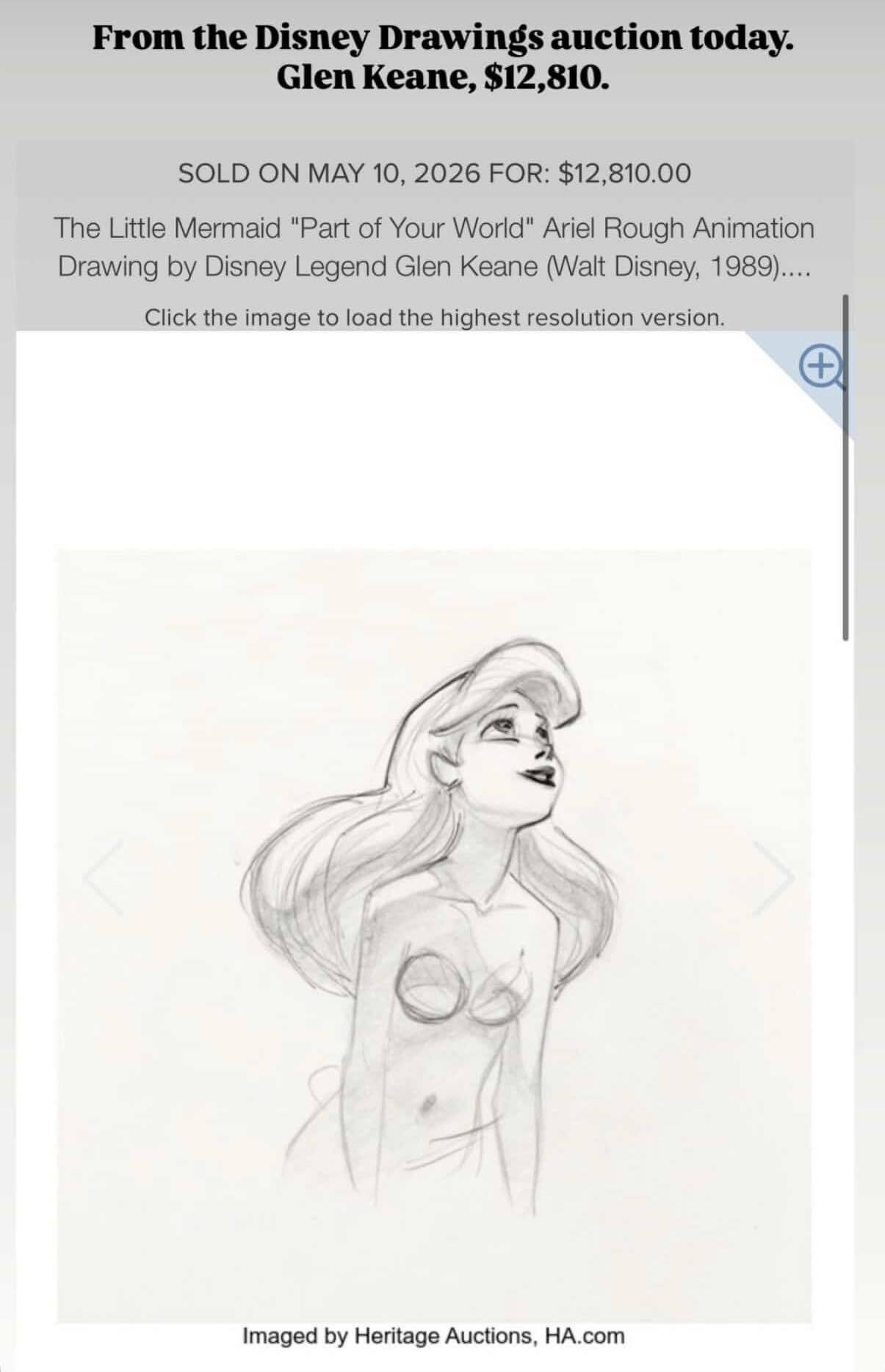 Animation drawing sold for $12,810. Less than last year's Aladdin