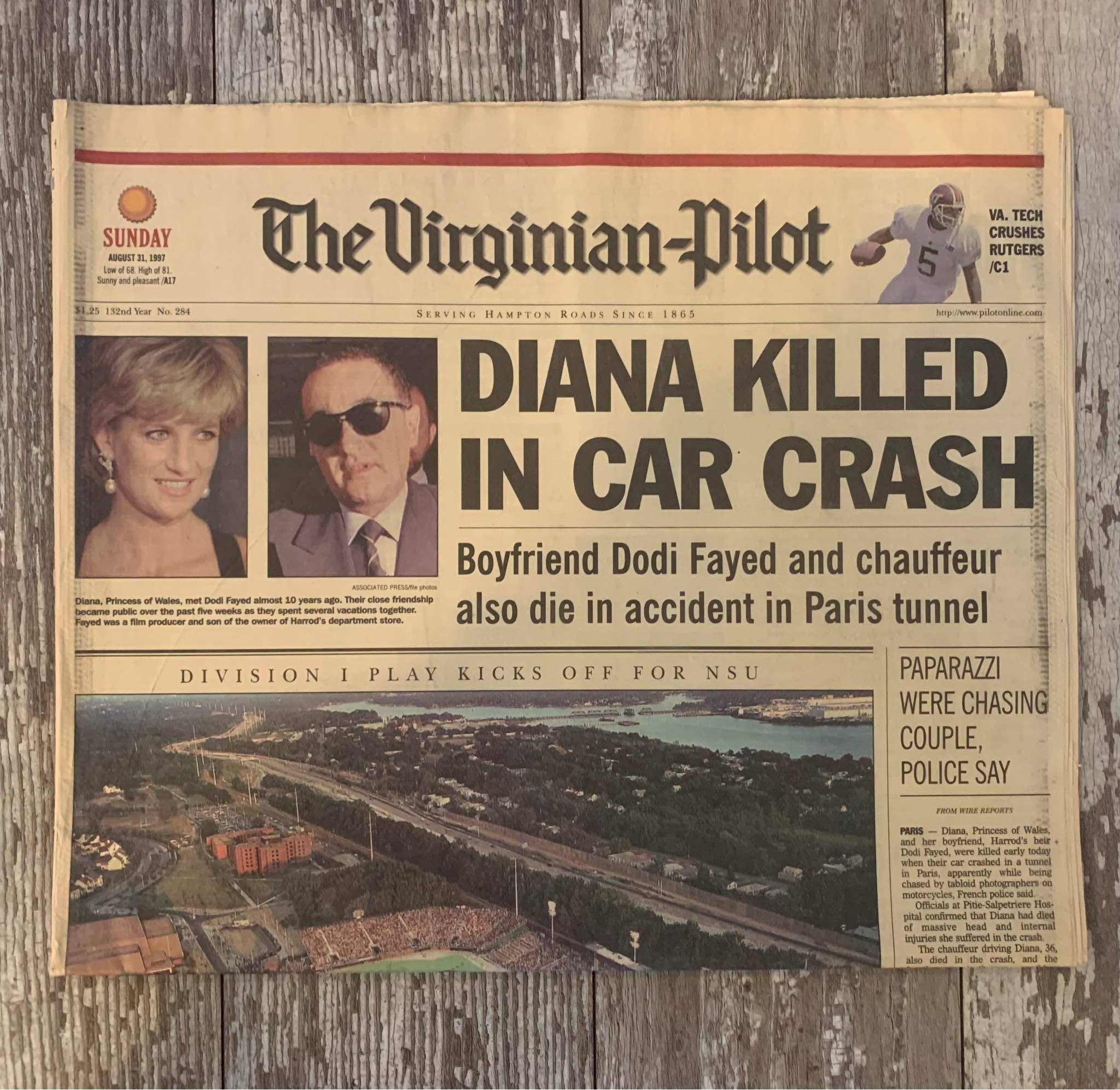 Virginia Pilot Newspaper announcing the death of Princess Diana