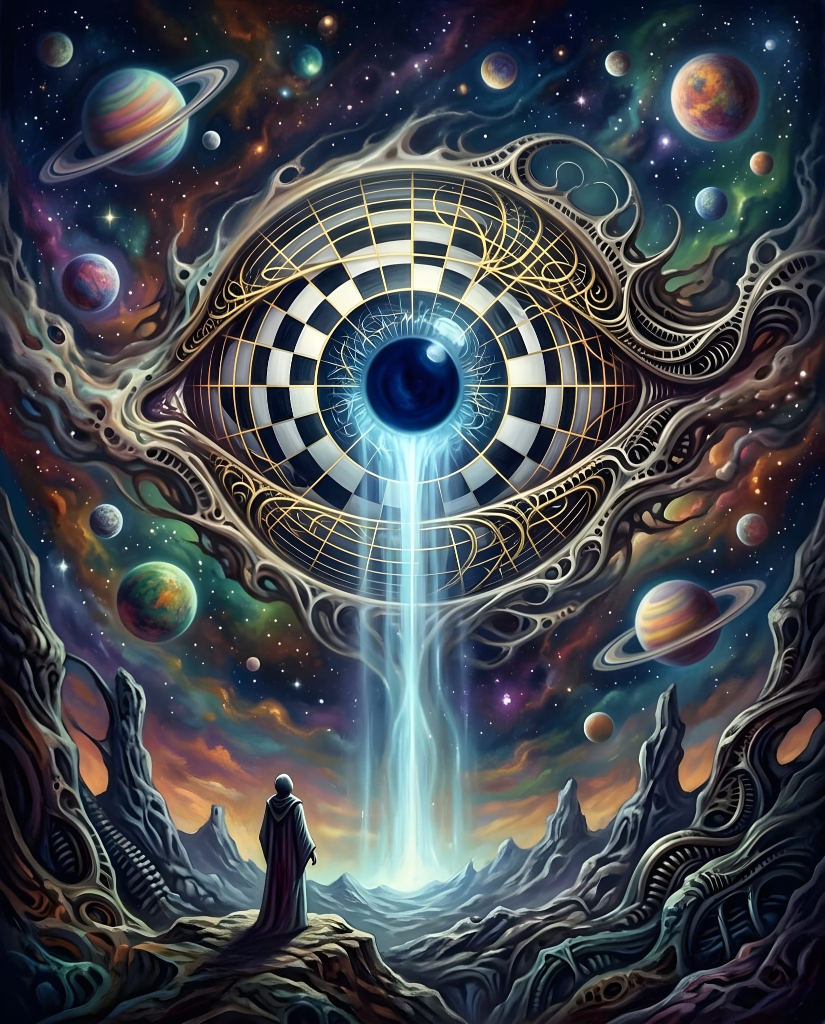 Fractal ophanim in darkened starry night, 3D visualization of