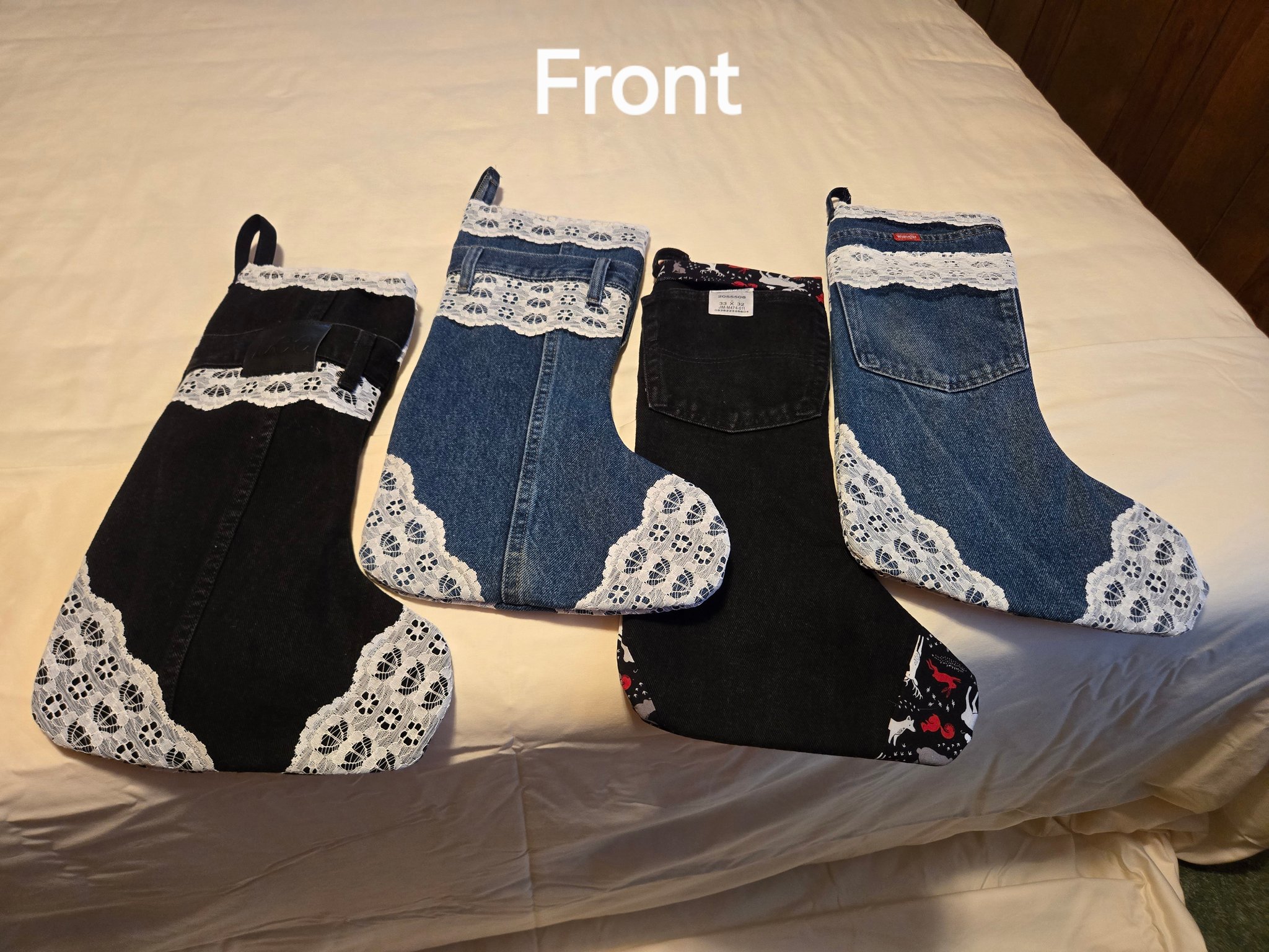 Recycled jeans made into Christmas stockings