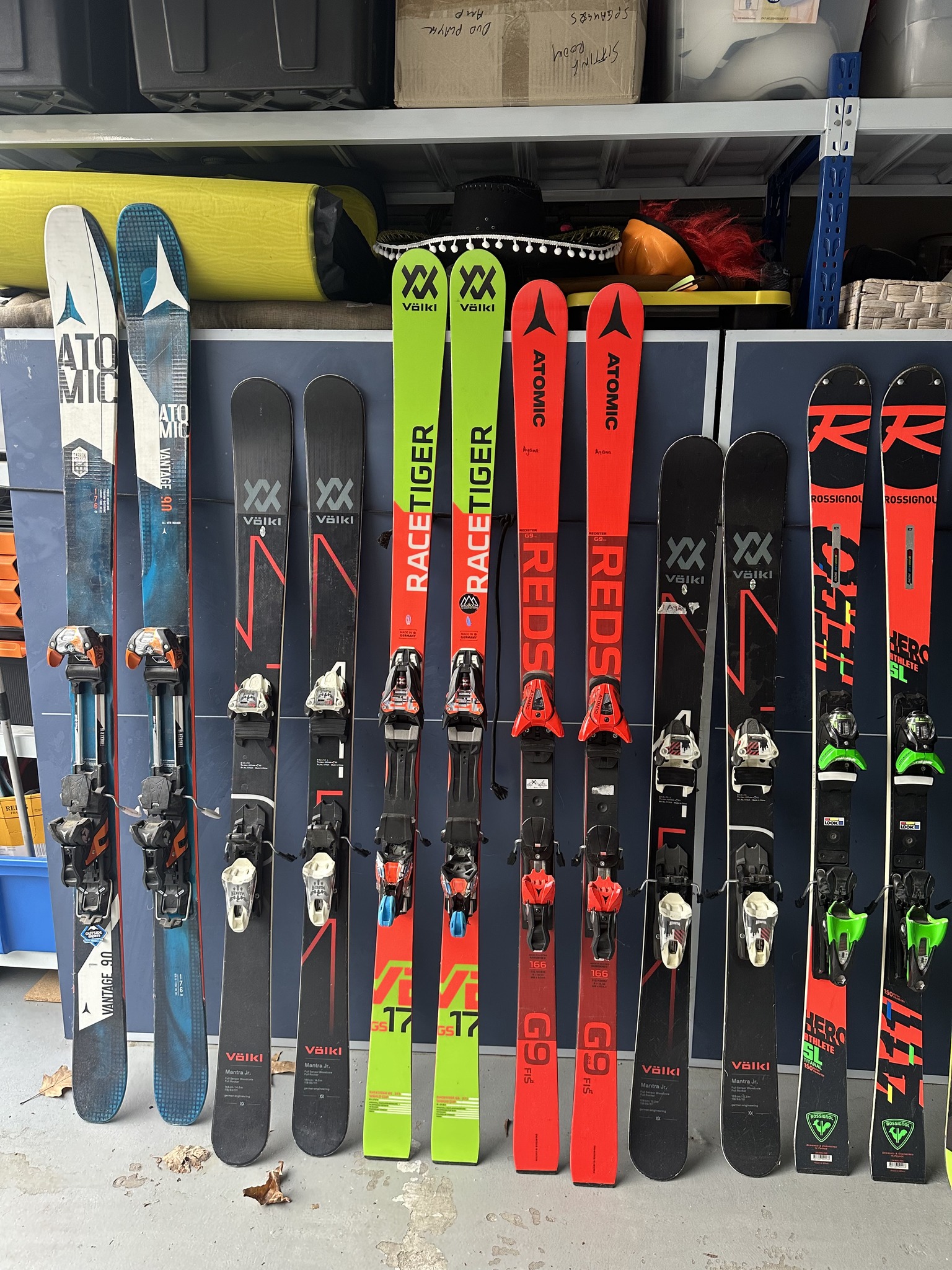 Ski equipment for sale, including Atomic, Volkl, and Rossignol skis