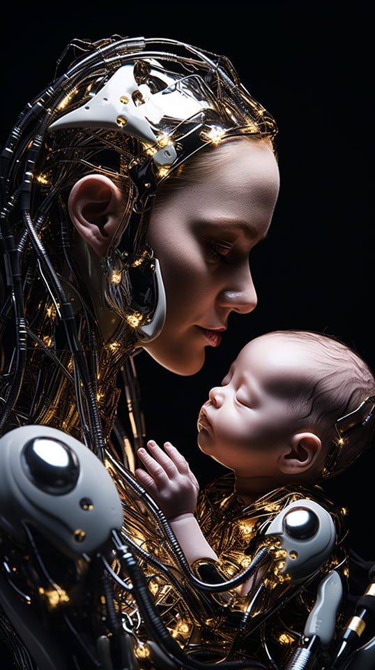Cyborg mother cradles her baby girl