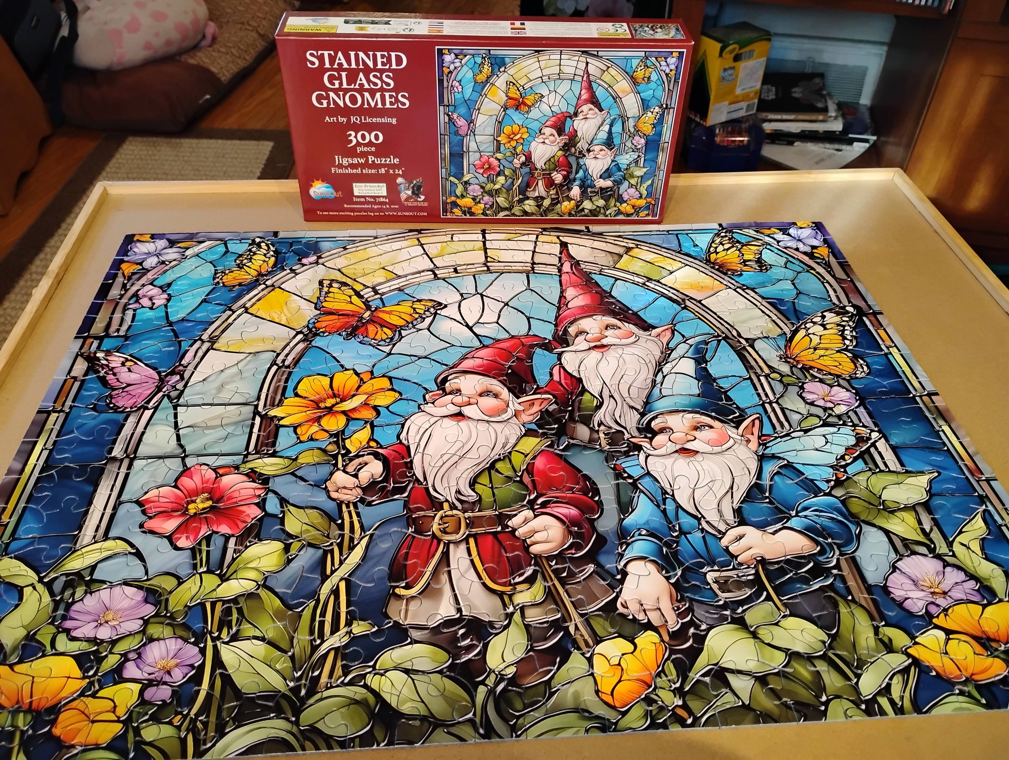 Completed 300-piece Stained Glass Gnomes puzzle from Suns Out