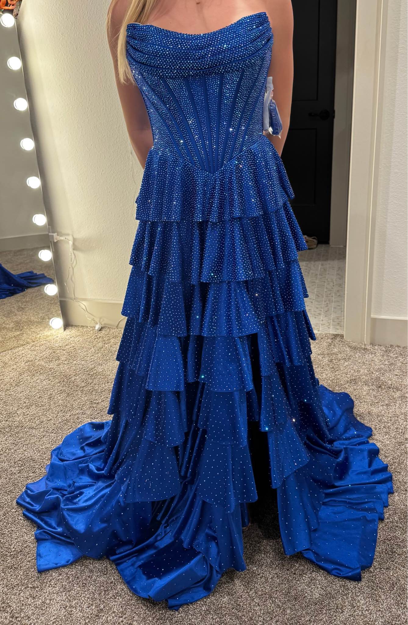 Stunning Sherri Hill 54923 dress. Royal blue color. Off-shoulder design with a cool corset bodice and high slit. Long formal gown, perfect for prom or any special event. Super shiny fabric, really