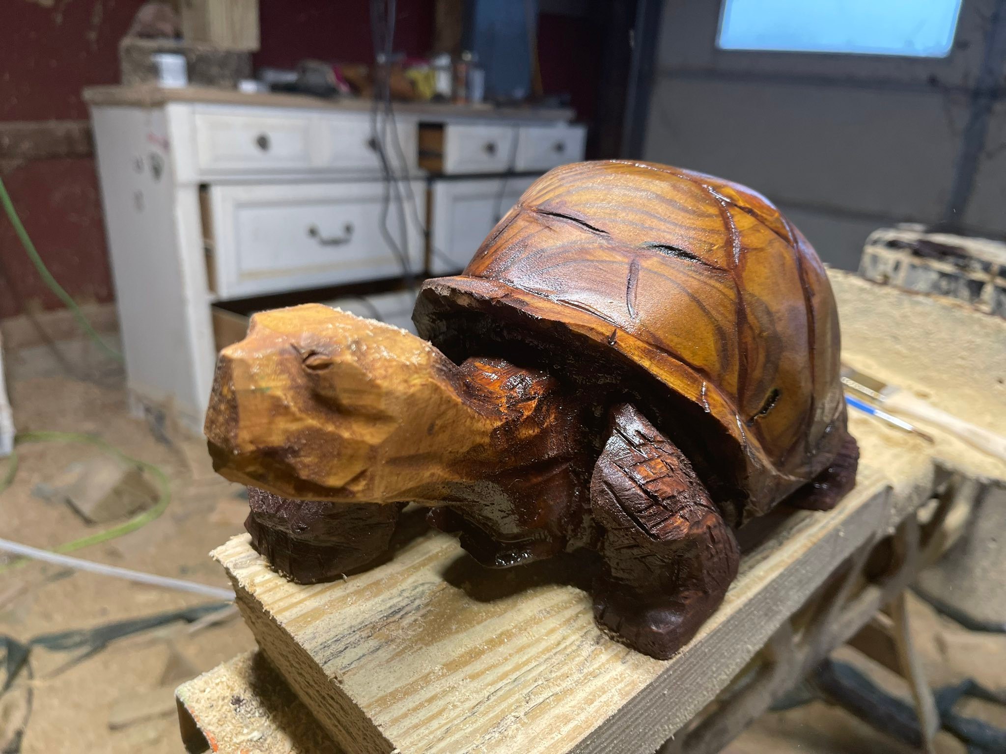 Handmade wooden tortoise sculpture from 4x6 wood