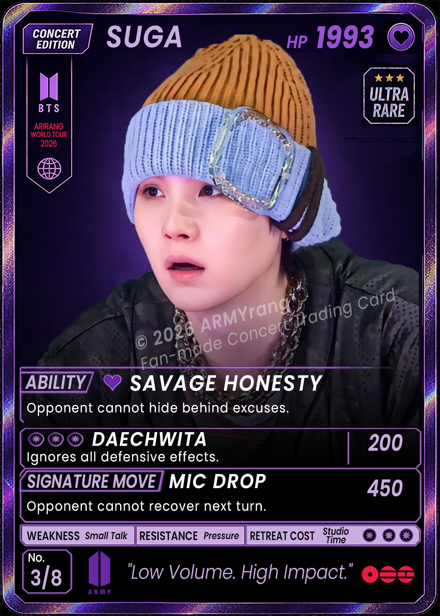 Suga fan-made card with savage honesty and mic drop