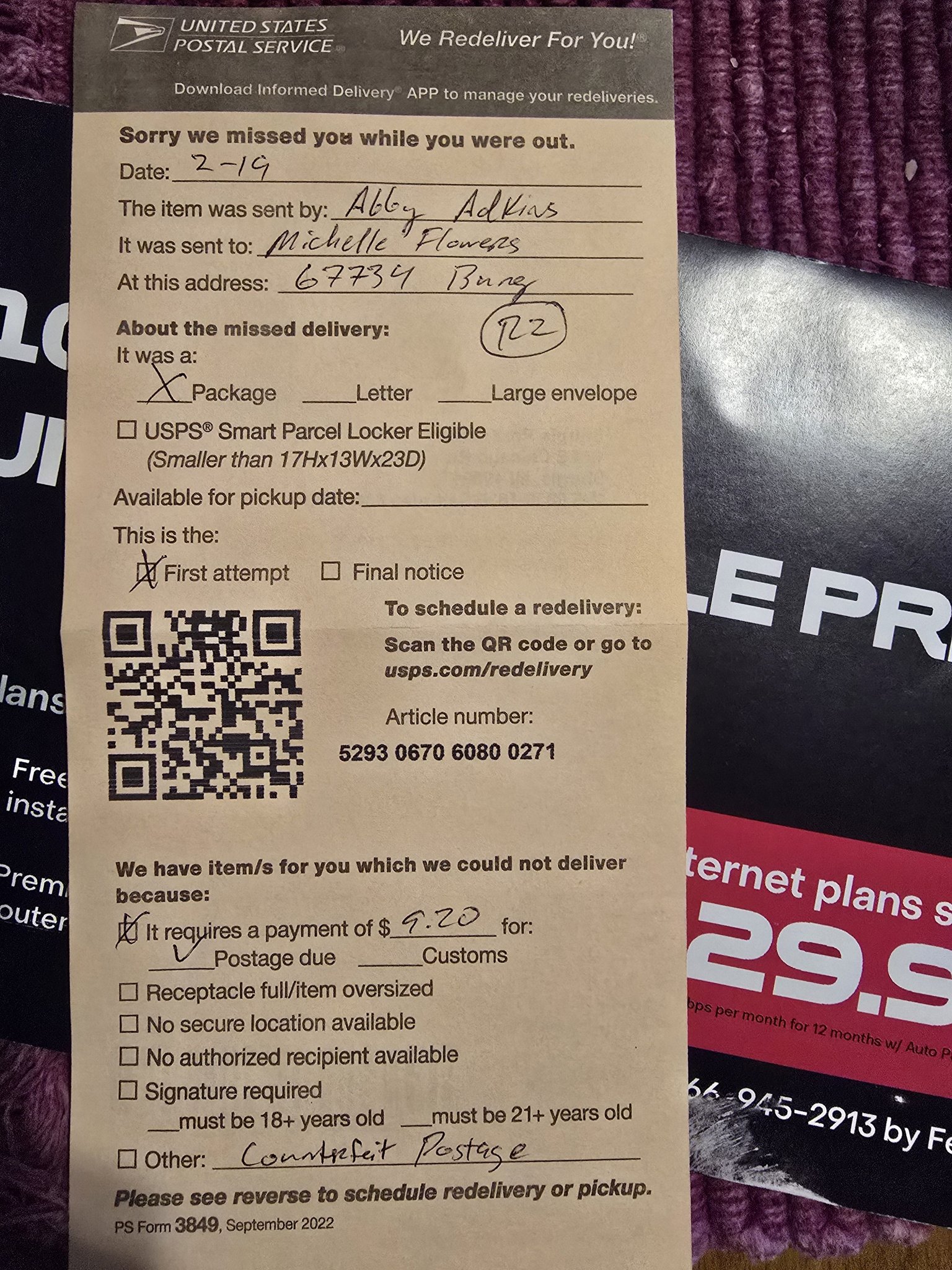 Who is Abby Adkins sending packages with counterfeit postage?