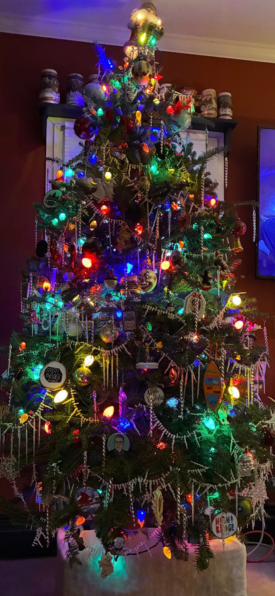 Vintage Christmas tree and Dickens village display