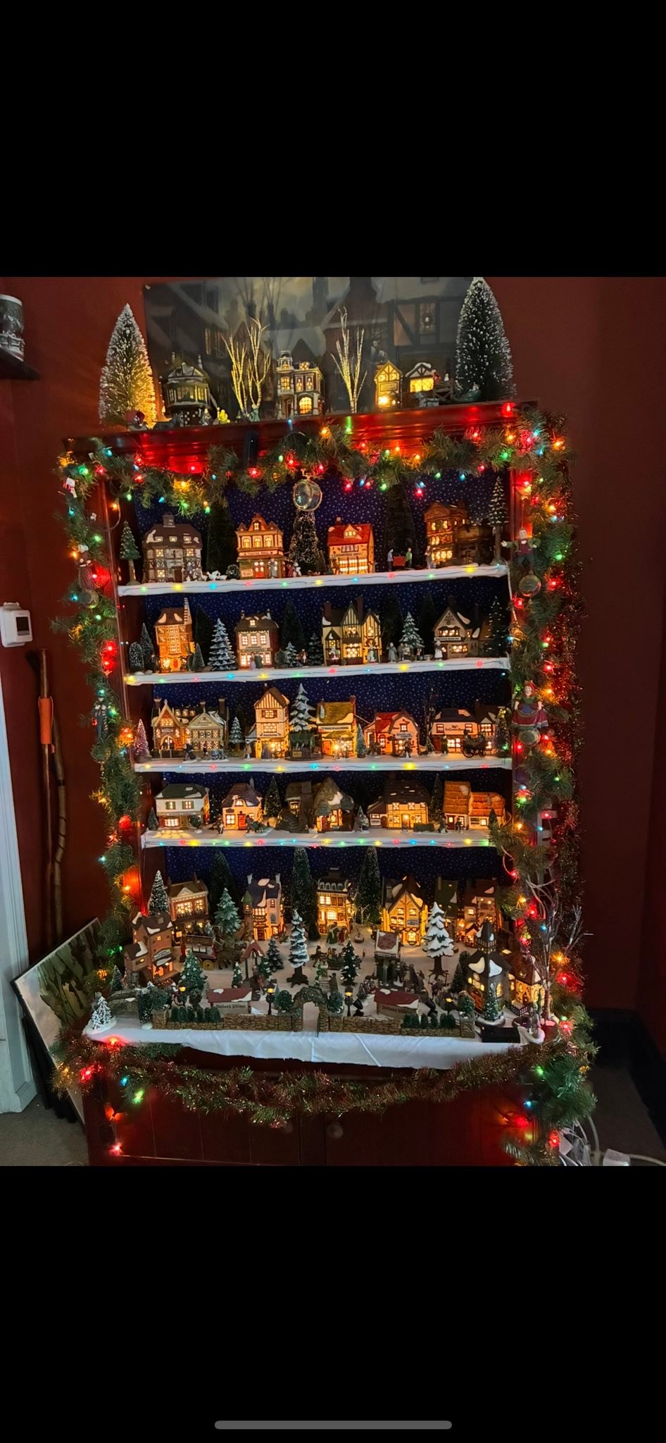Vintage Christmas tree and Dickens village display