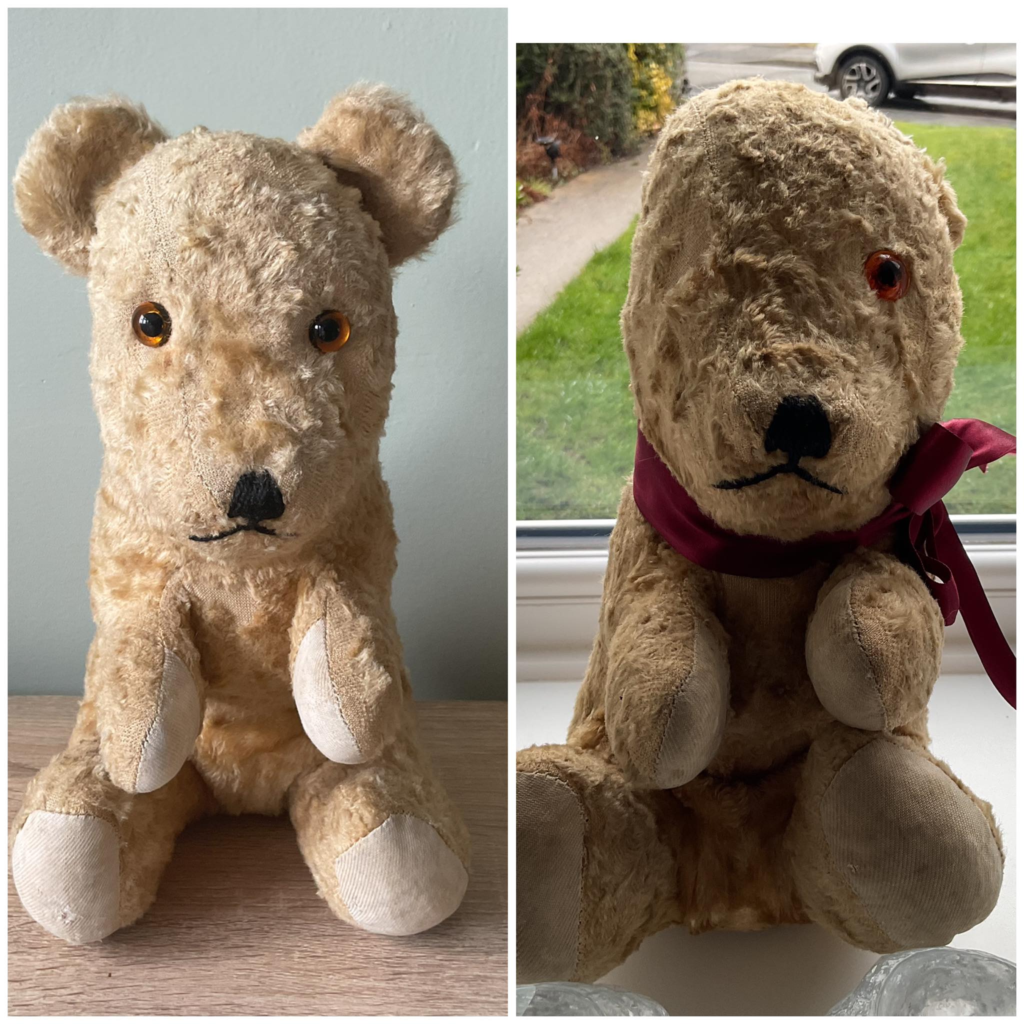 We believe the bear is Gund (USA) Winnie The Pooh.Found him in a 