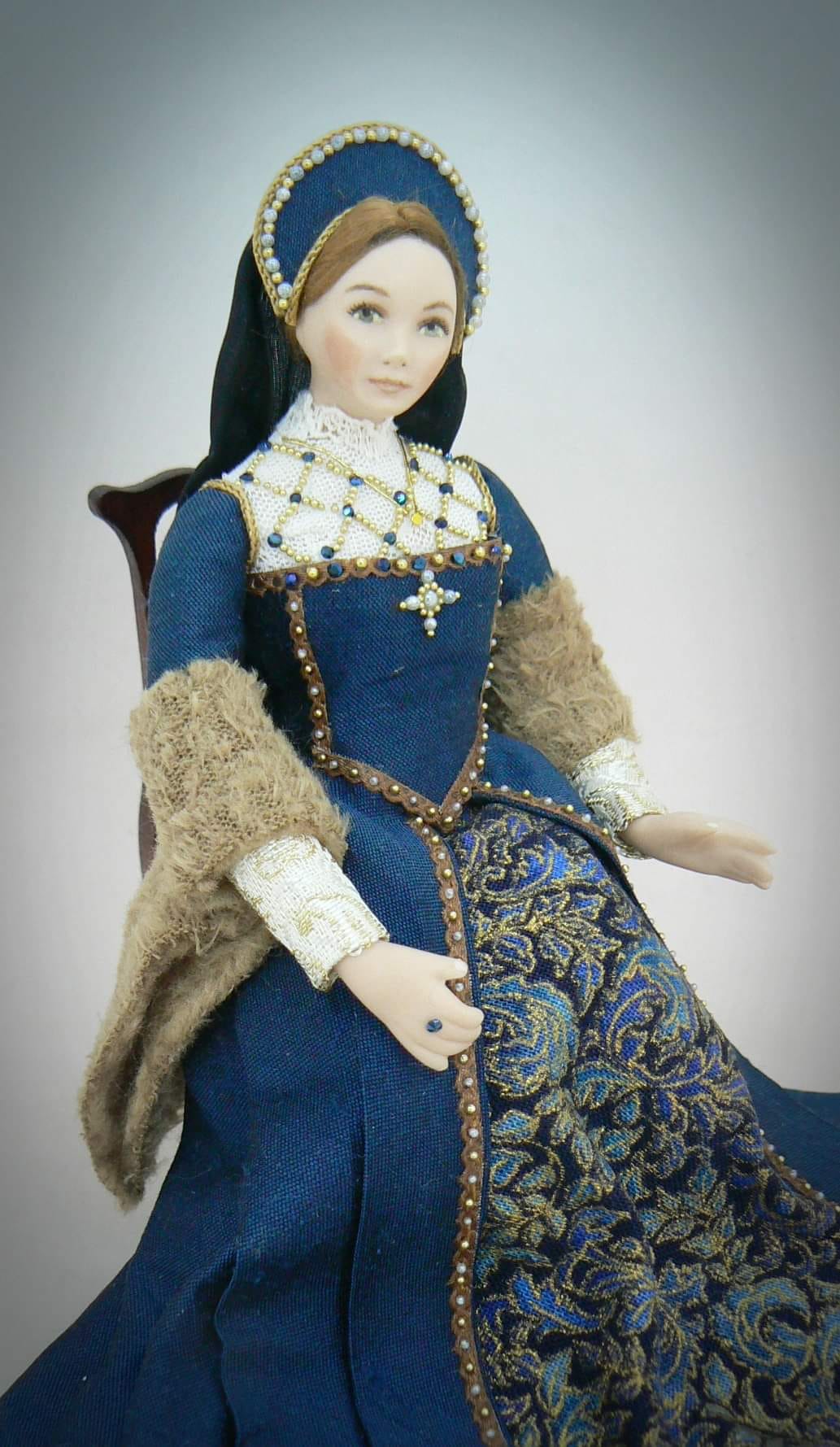 Tudor lady doll in miniature porcelain by Terri Davis