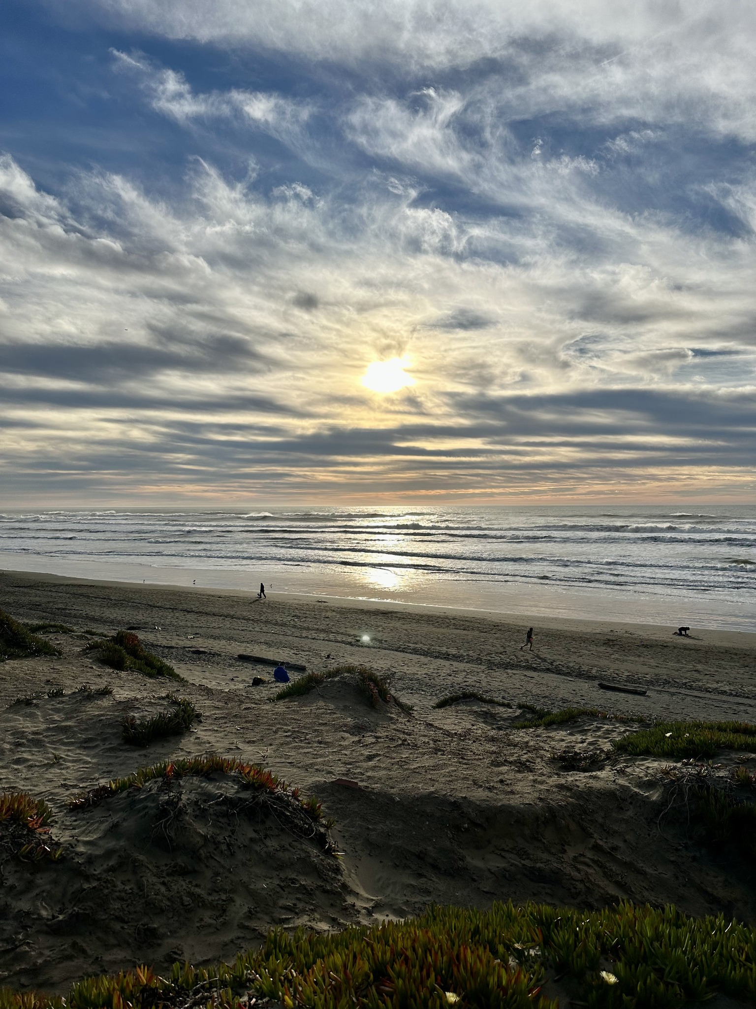 Cloudy but colorful day at Ocean Beach, San Diego, CA. 74 degrees F.