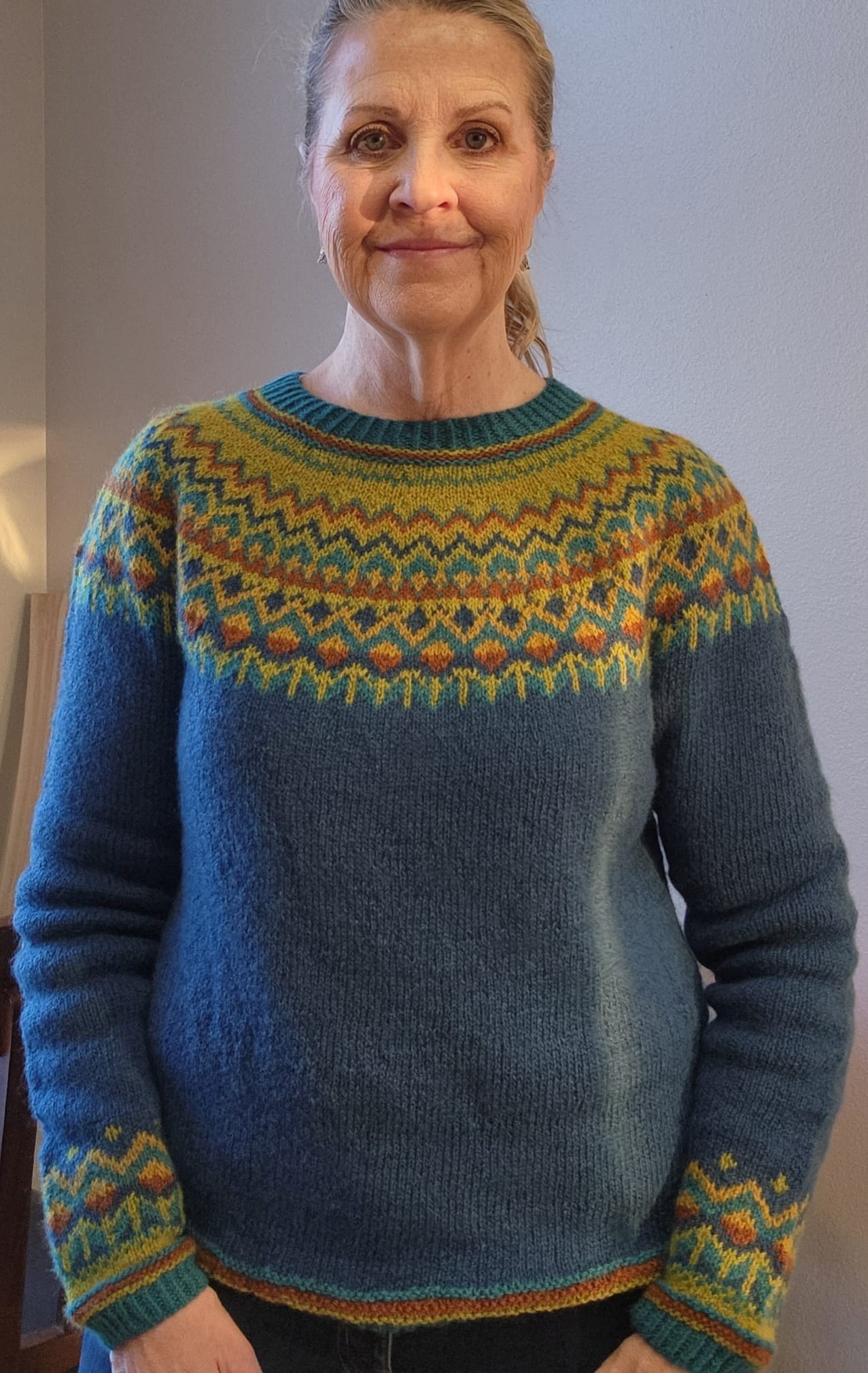 Finished stranded knitting sweater using Patty Lyons