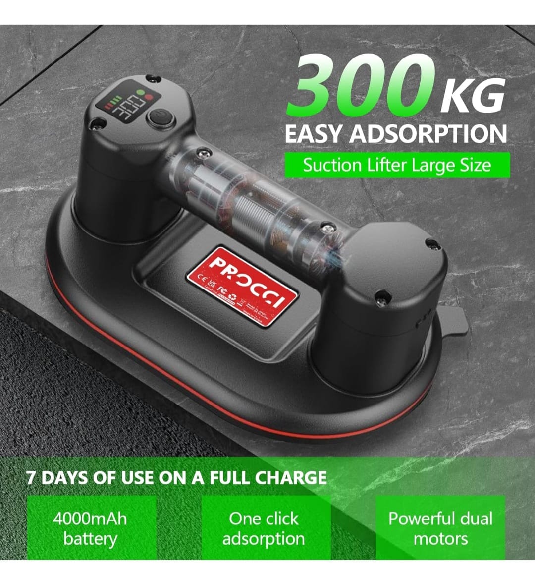Ventosa Elettrica A Batteria Per Piastrelle E Vetro - Doppio Motore, Aspira Fino A 300kg, Display LCD