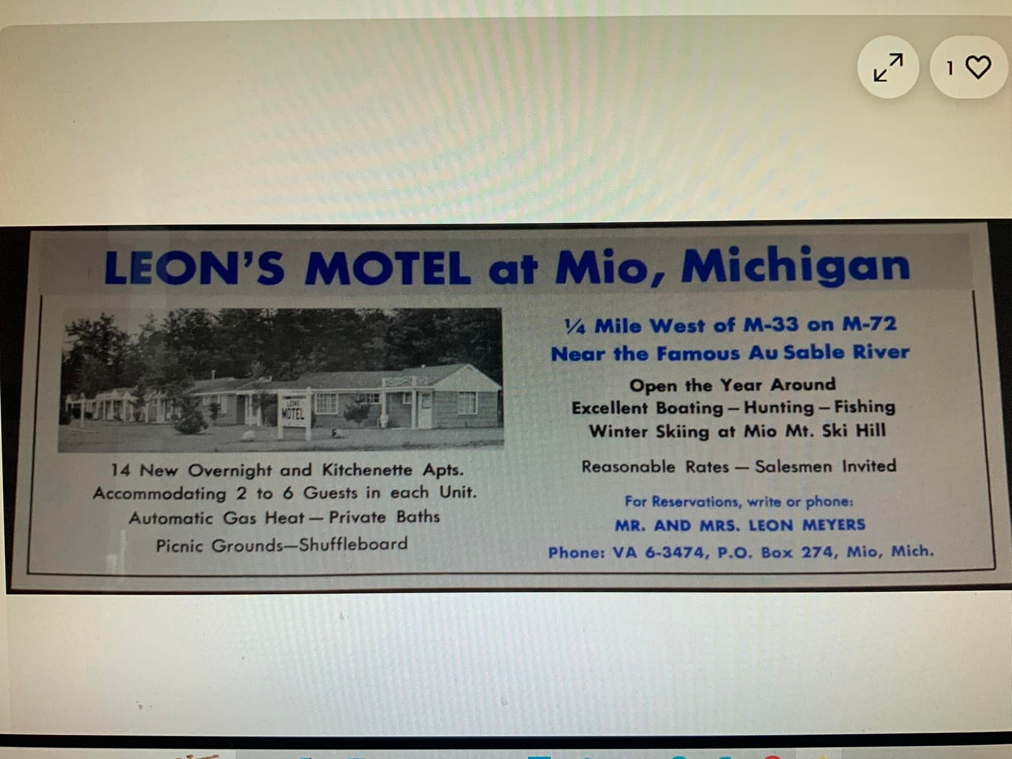 Motels <? 1 P'SMOTELatMio,Michigan 1/4 1/4Mile West of M-33 on M-72 Near the Famous Au Sable River Open the Year Around Excellent Boating Hunting