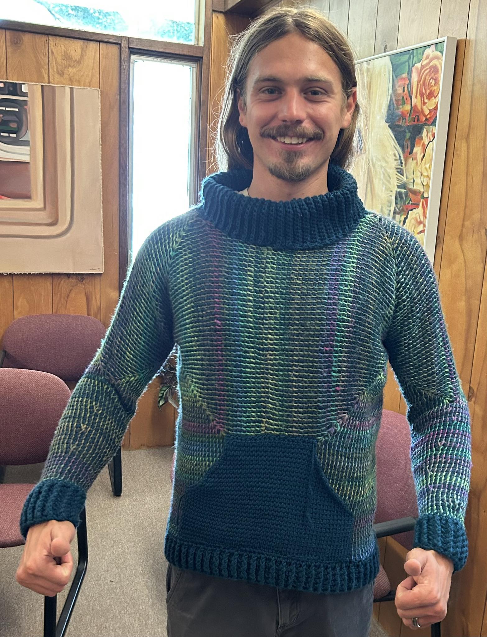 A hexagon sweater created with Tunisian crochet.
