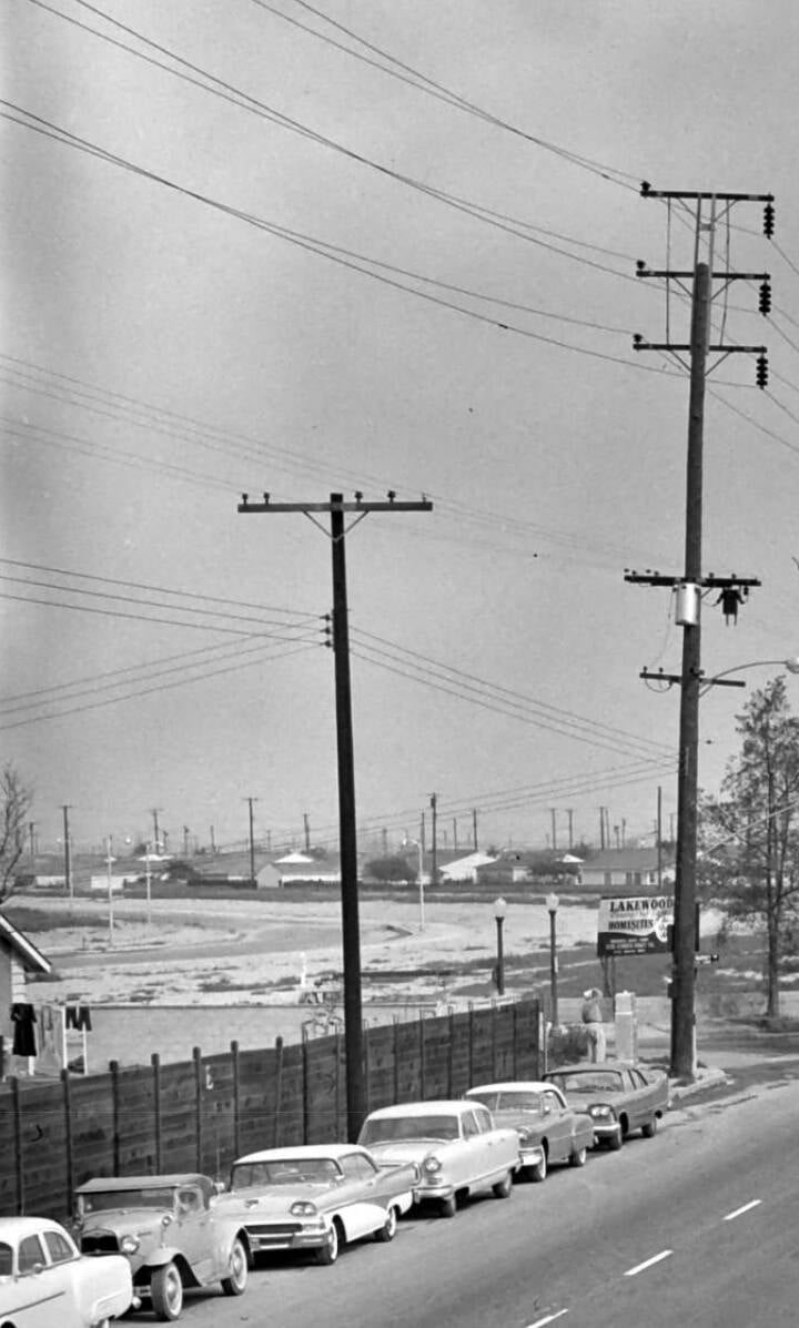 Harvey Way and Lakewood Blvd in 1958, the houses on the right