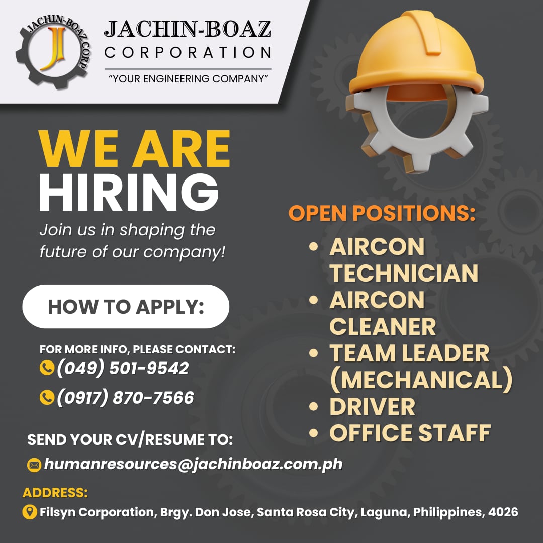 NOW HIRING!** Jachin-Boaz Corporation is continuously expanding