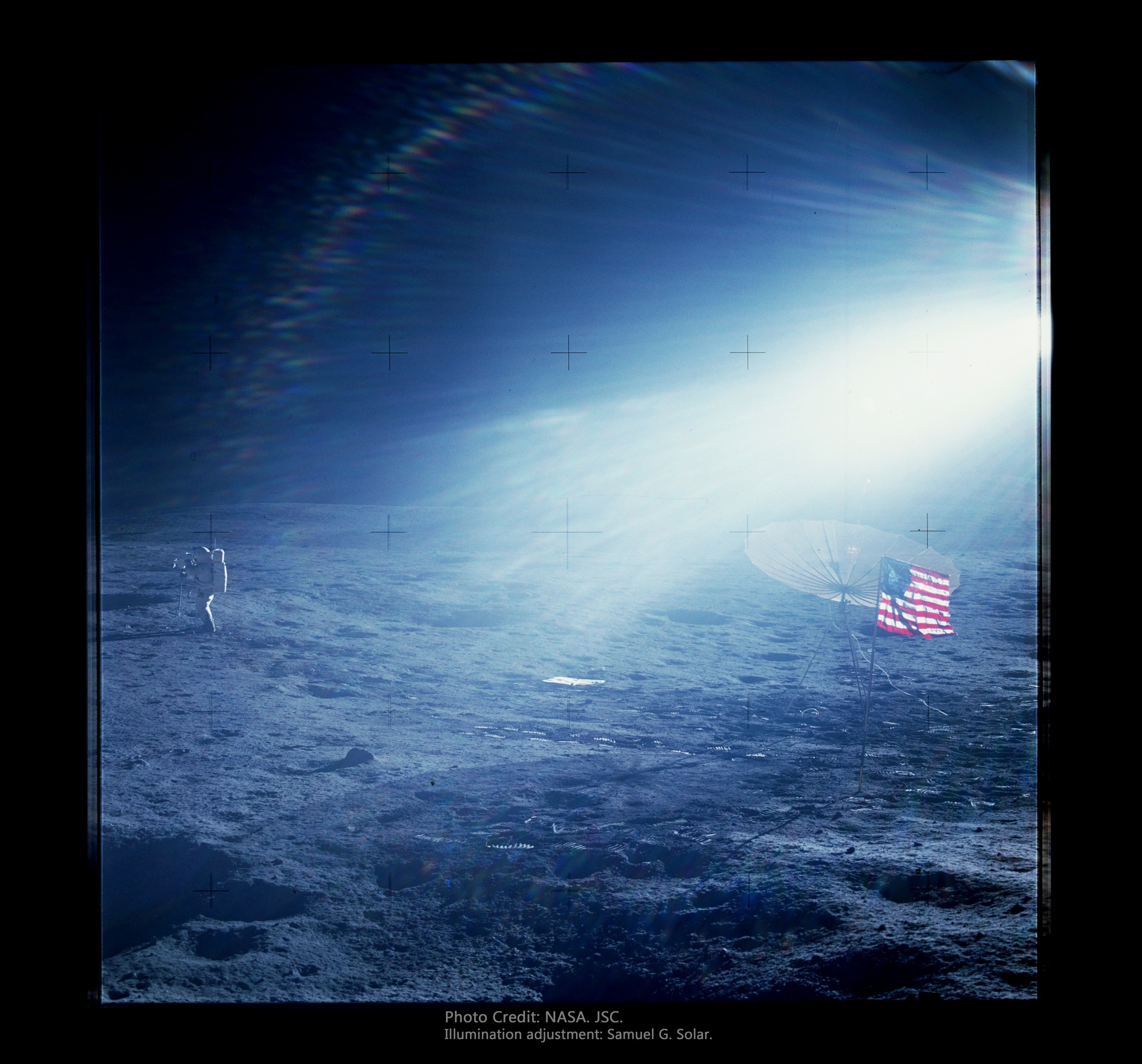 Close-up images of the moon's surface with Apollo 14 location