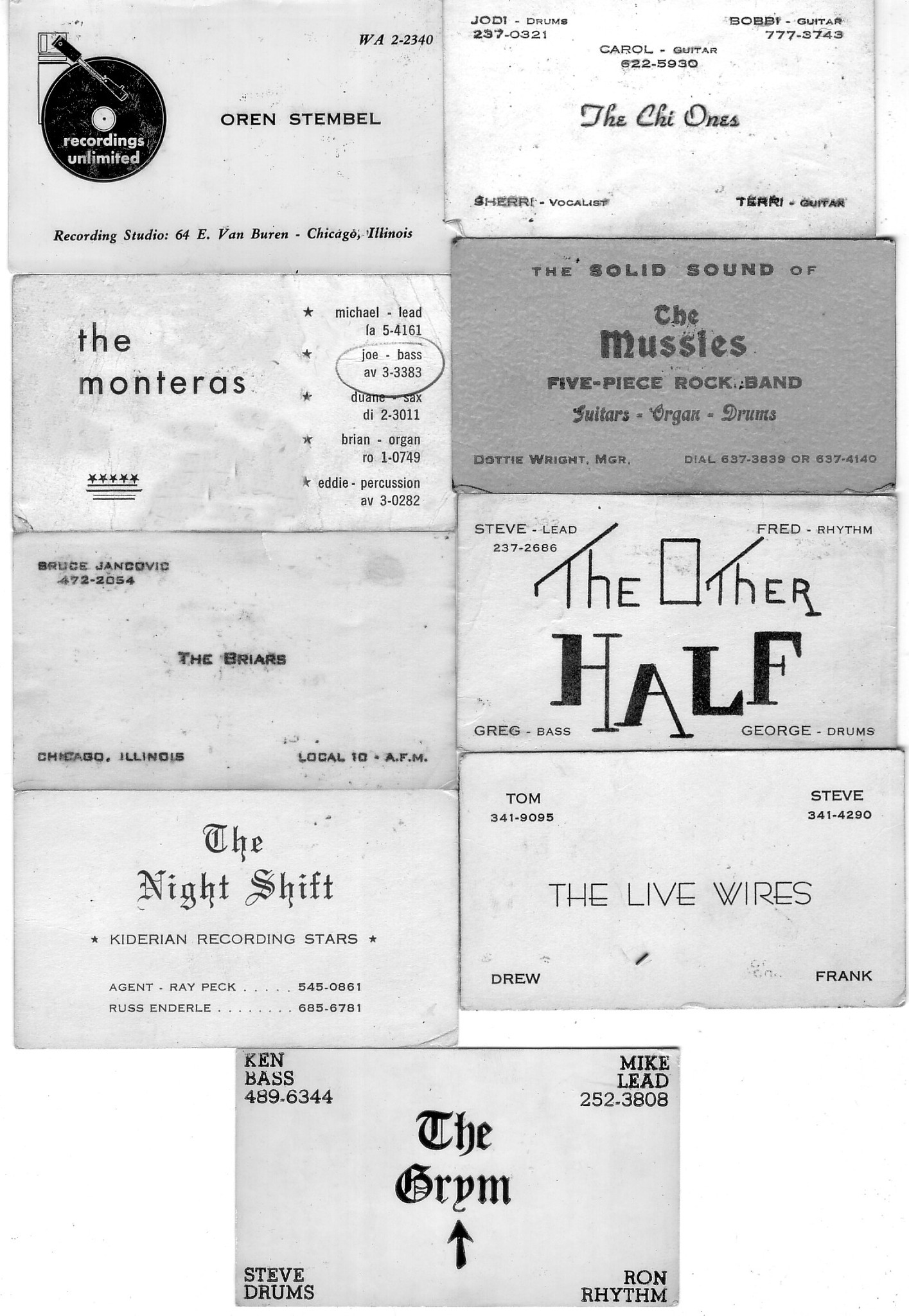 Vintage Chicago rock band business cards from 1960s and 1970s