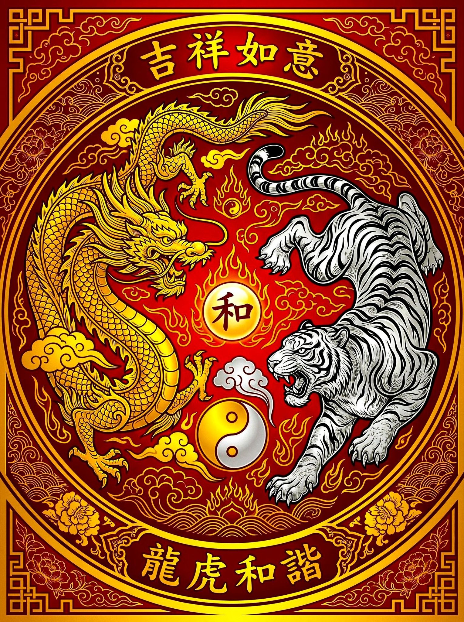 A golden dragon and a white tiger are depicted in a circular