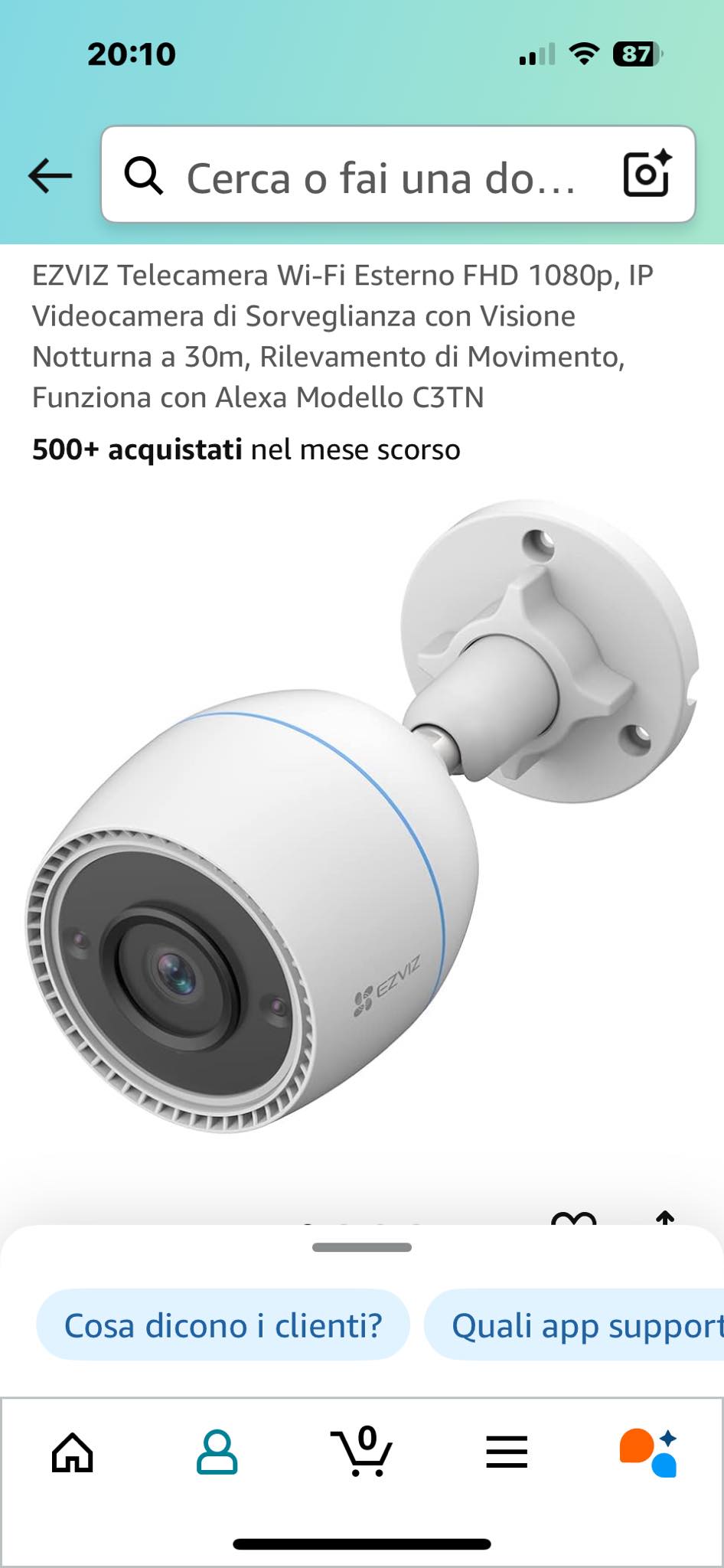 EZVIZ Telecamera Wi-Fi Esterna C3TN – FHD 1080p, Visione Notturna 30m, IP67, Rilevamento Movimento, Compatibile Con Alexa