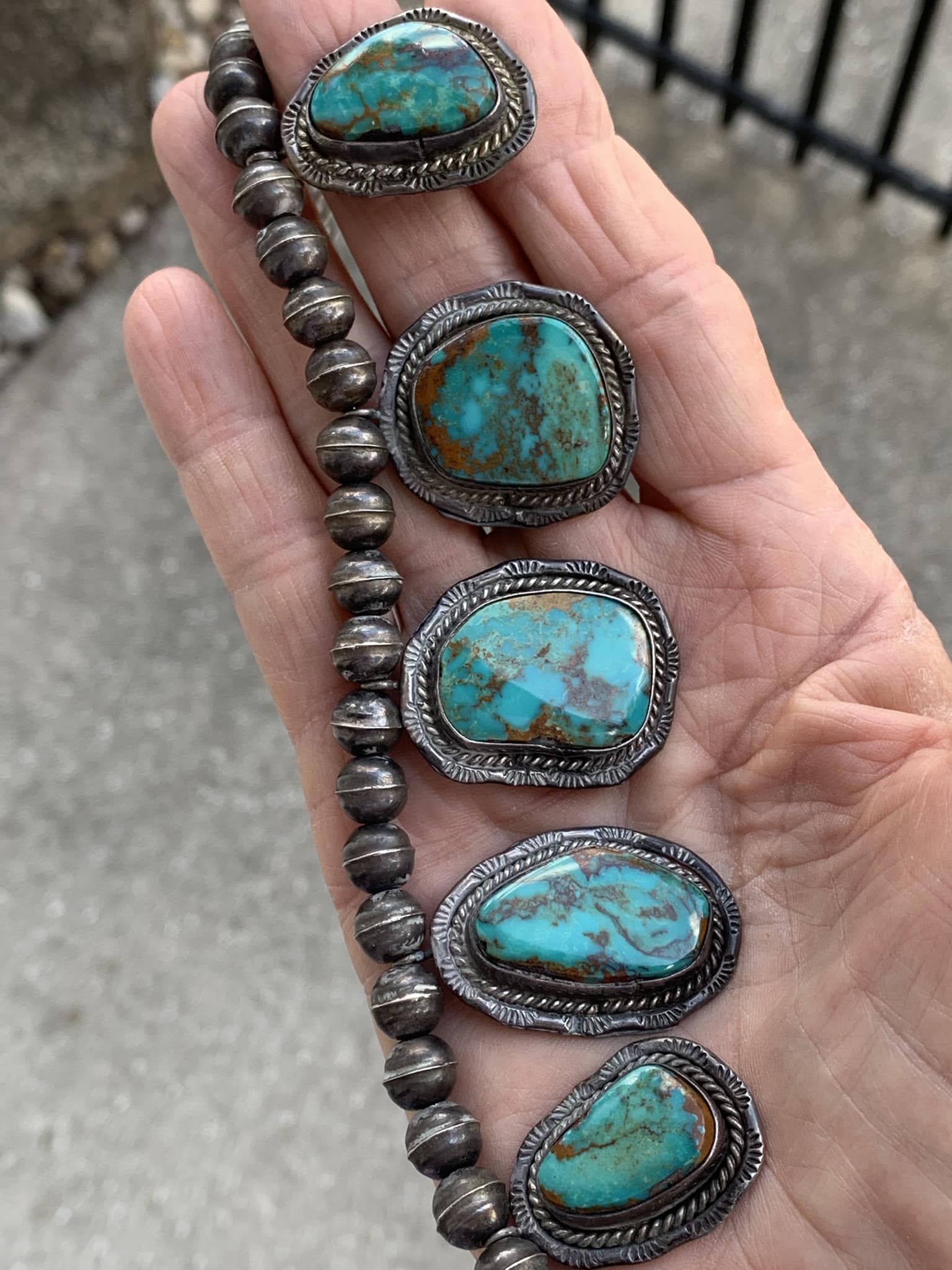 Navajo sterling silver station necklace with turquoise beads