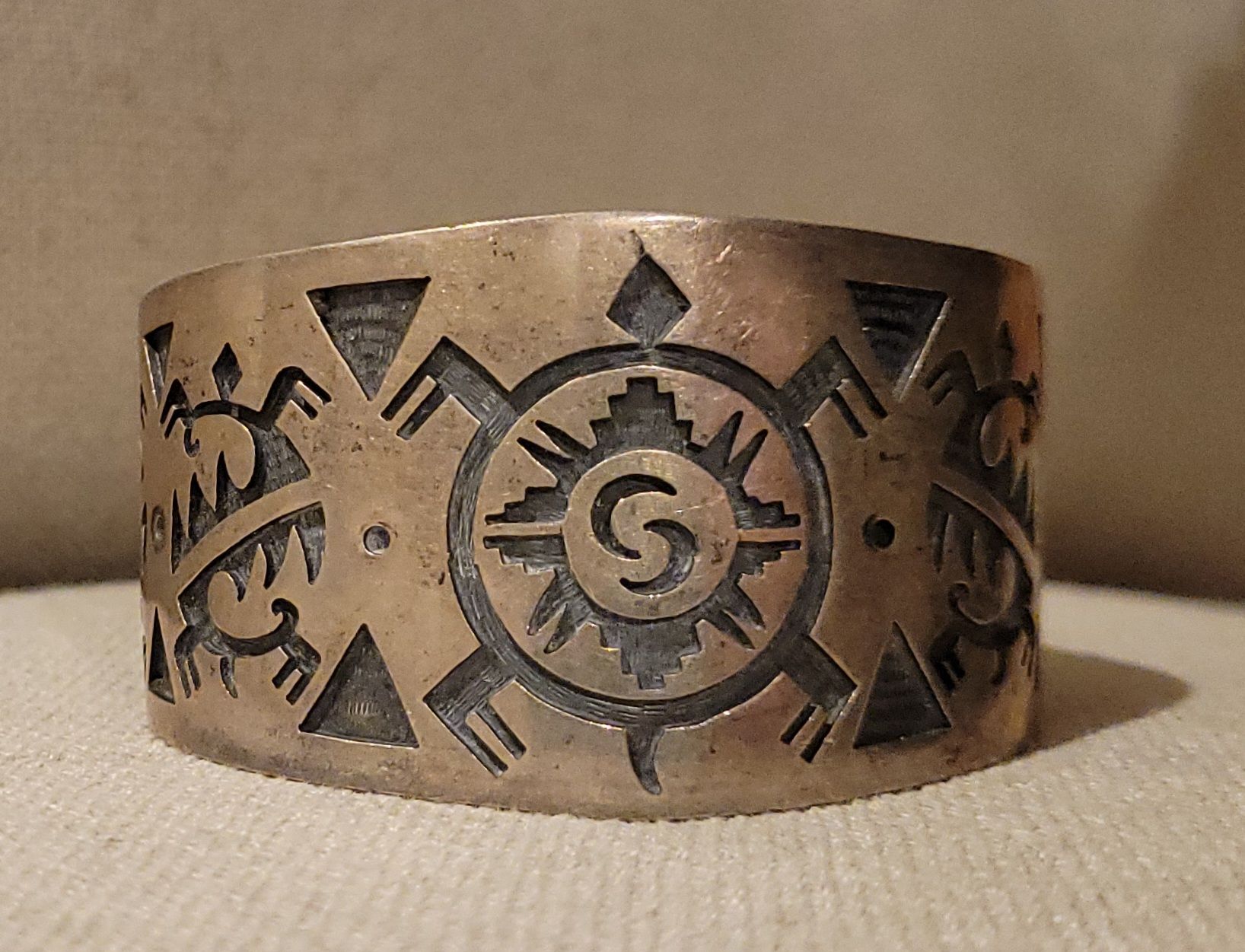 turtletuesday. Hopi silver overlay cuff by Cyrus Josytewa, Jr