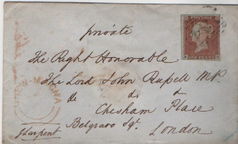 Victorian penny red envelope sent to Lord John Russell