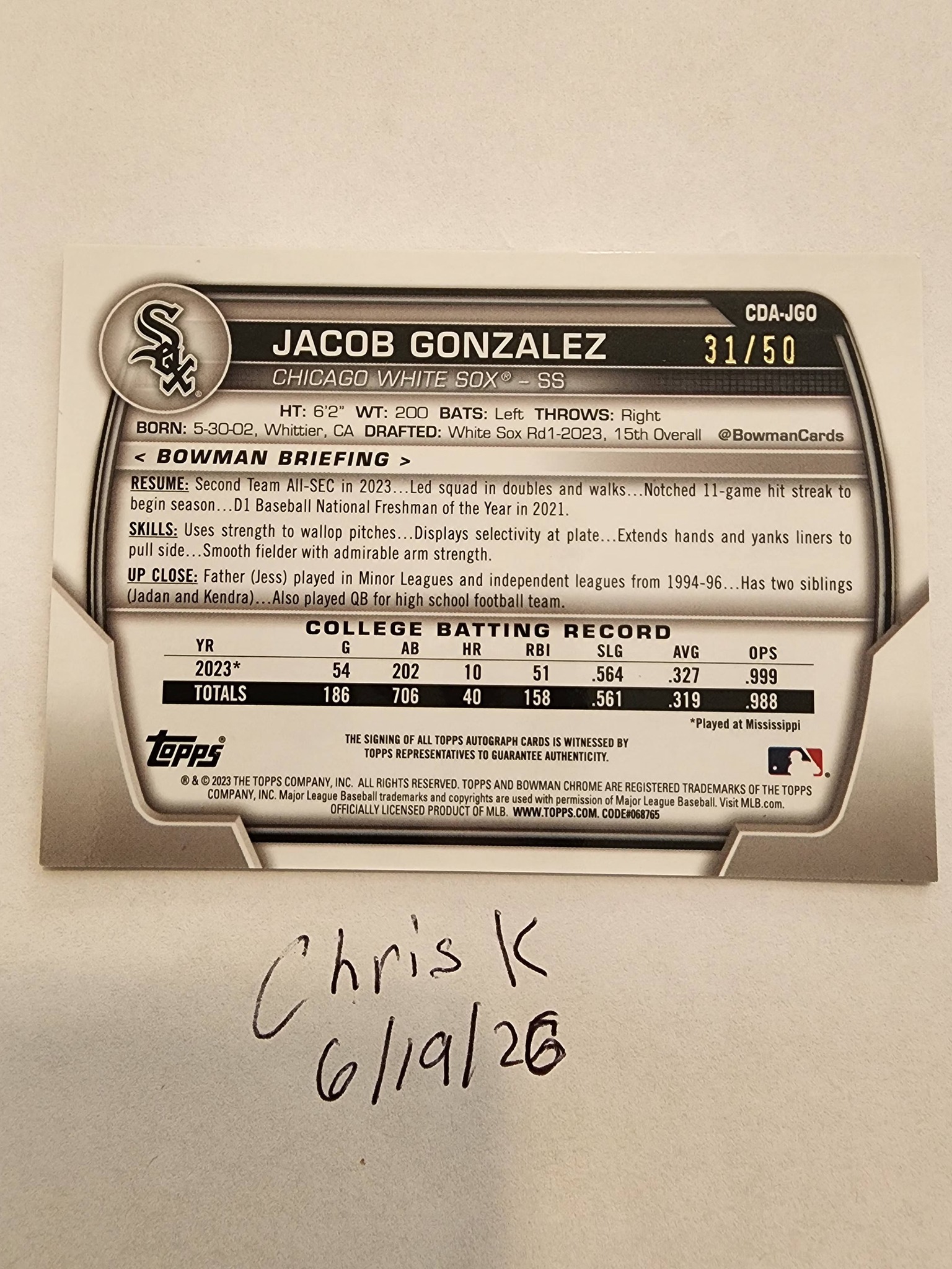 Jacob Gonzalez 1st Bowman Chrome gold shimmer auto card for sale
