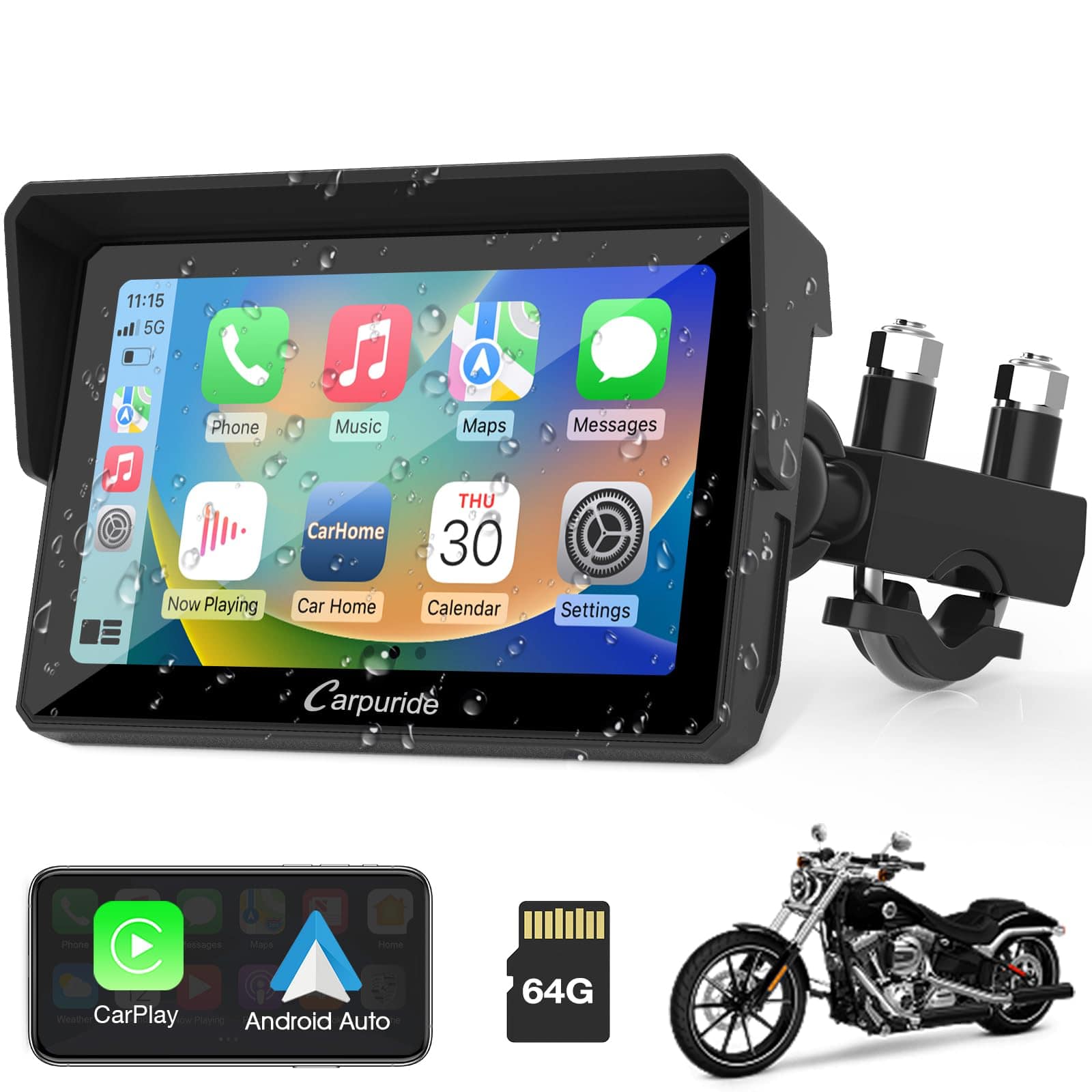 Carpuride W702 7" Motorcycle Stereo - Wireless Apple Carplay & Android Auto, IP67