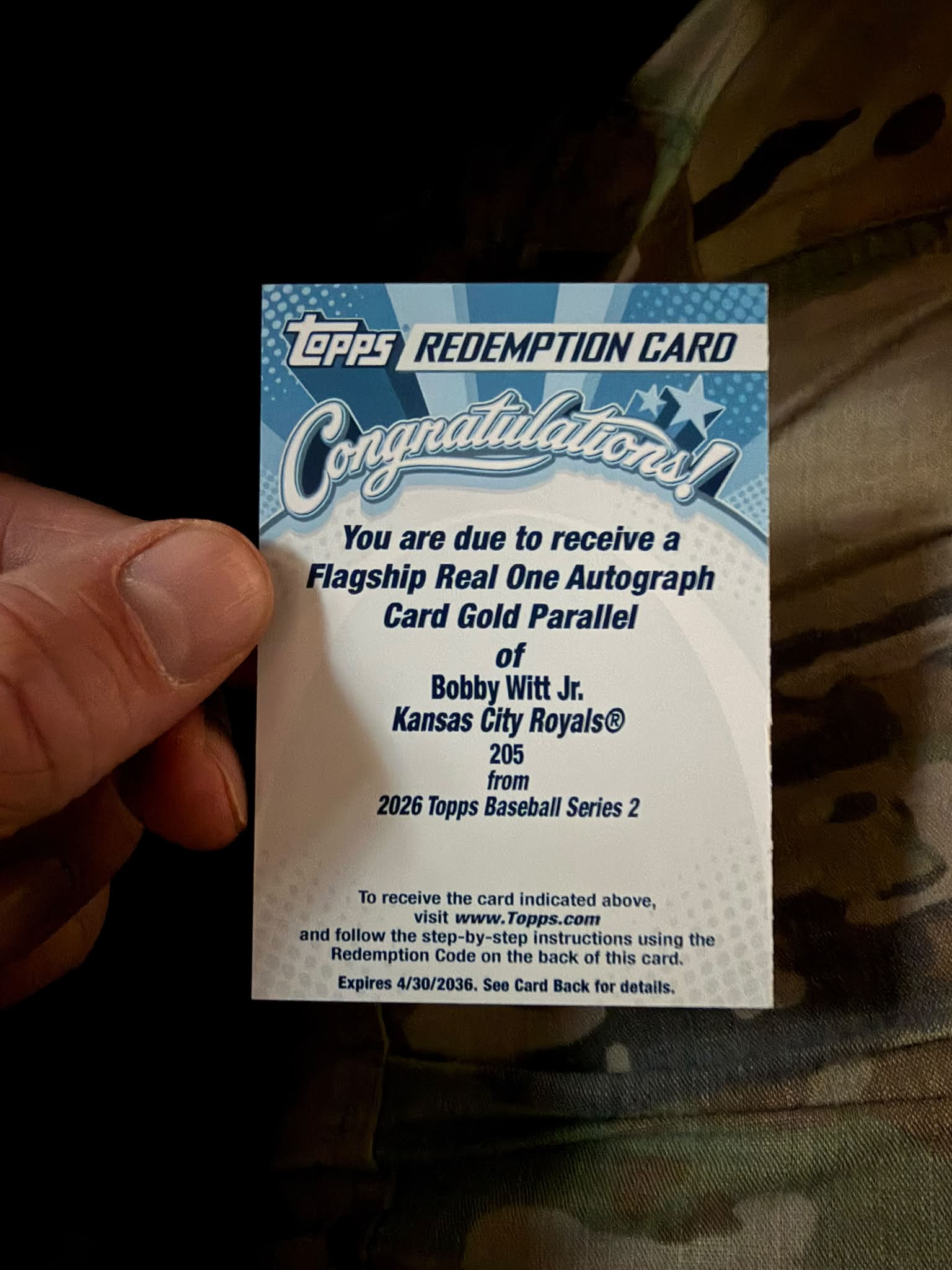 Pulled first redemption card from vending machine for Bobby Witt