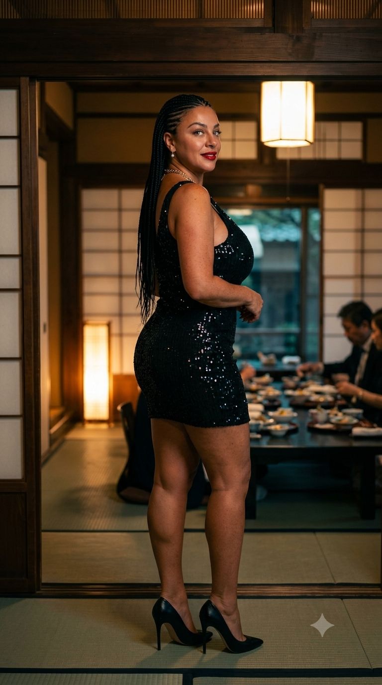 Japanese woman in black mini dress with cat-eye liner PAMEO POSE