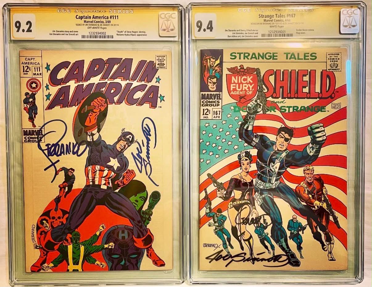 Signed Captain America and Strange Tales comics by Jim Steranko