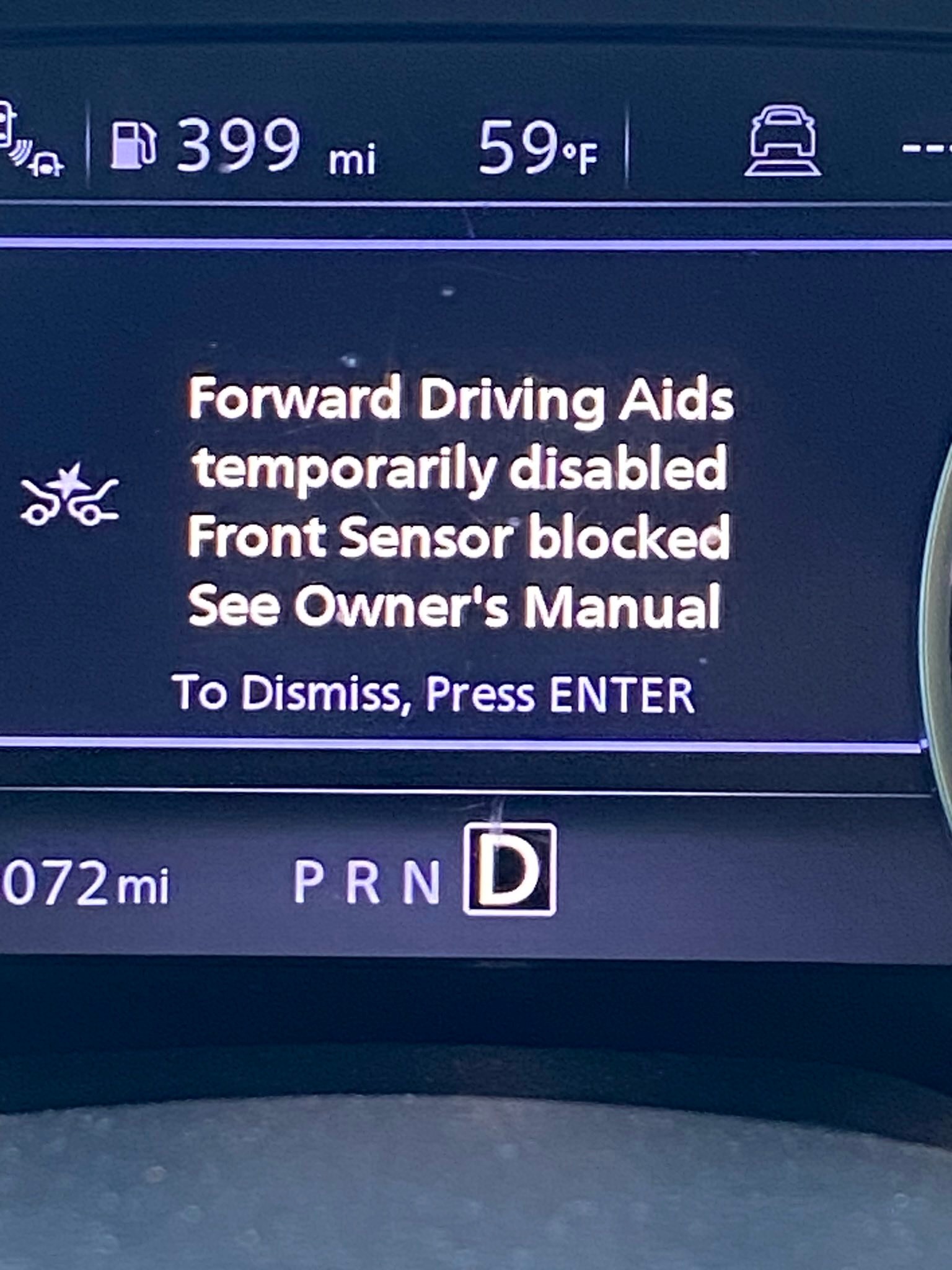 Forward Driving Aids Temporarily Disabled Front Sensor Blocked