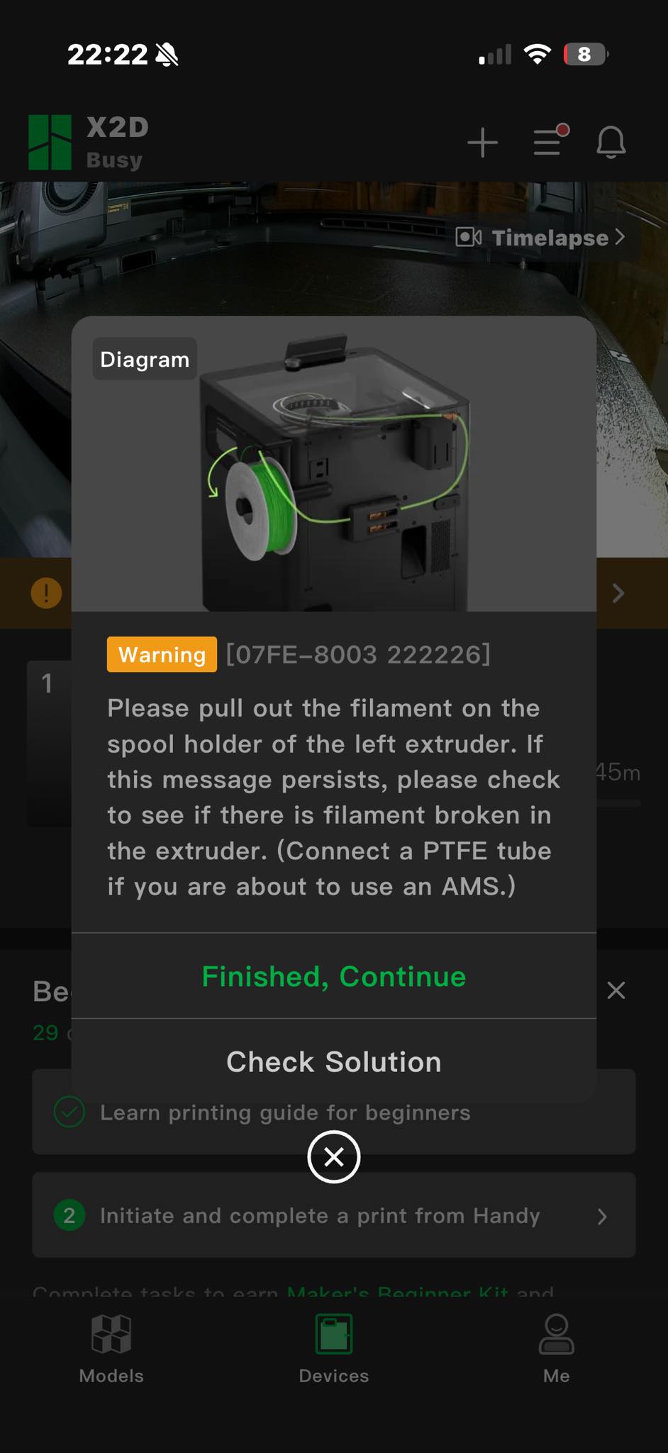 Zeromind – Disconnected What are alternative fixes for Bambu Lab X2D printer warning 07FE