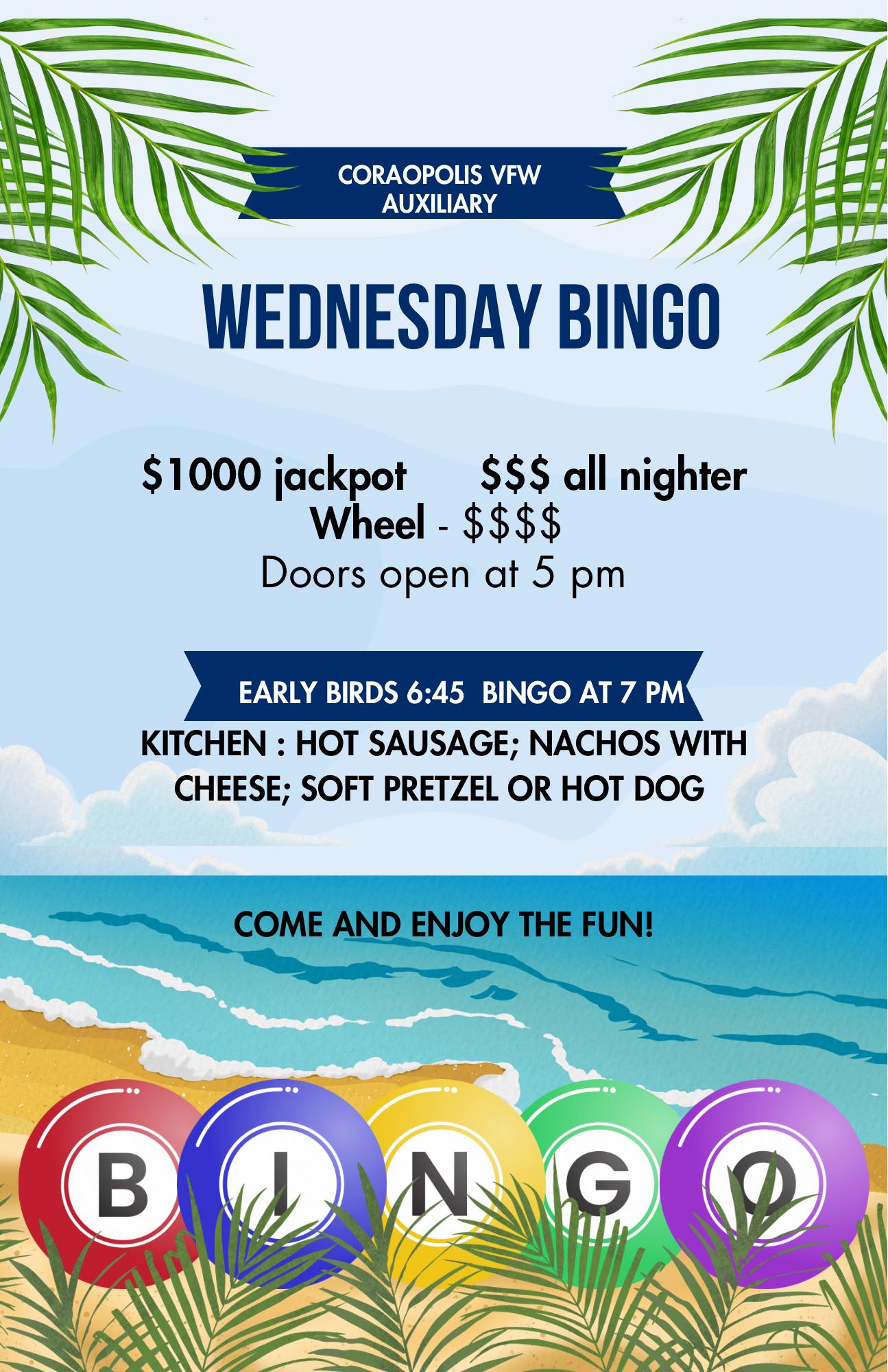 CORAOPOLIS VFW AUXILIARY WEDNESDAY BINGO $1000 jackpot $$$ $$$allni all ...