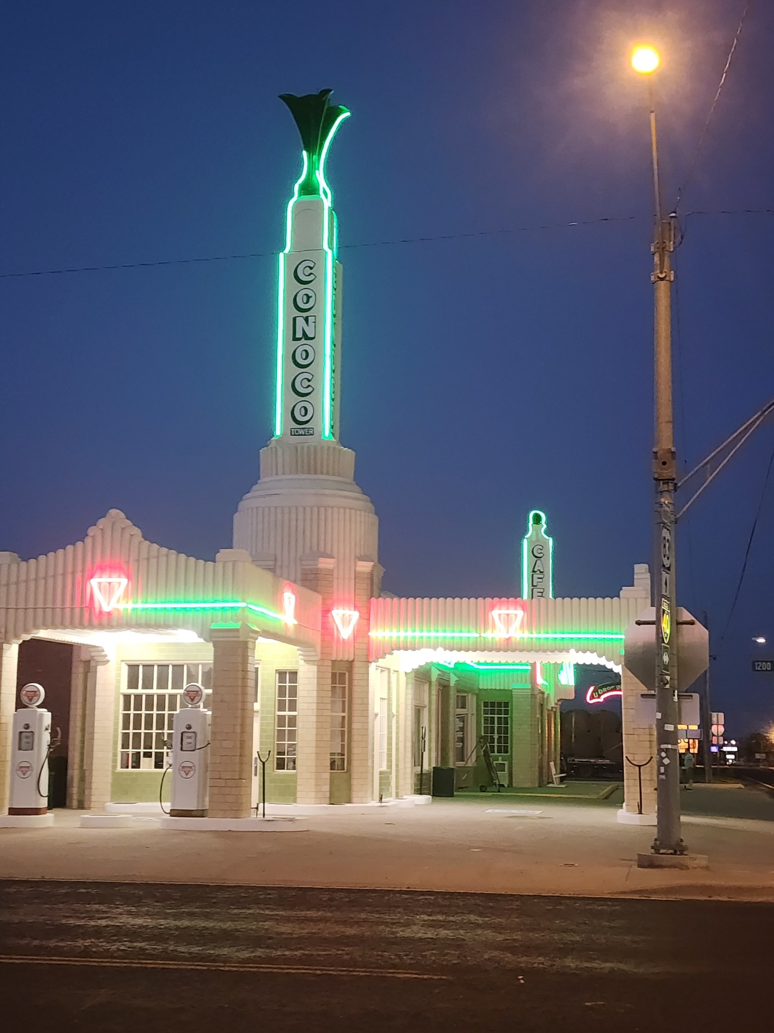 The U-Drop Inn in Shamrock Texas is what dreams in green neon