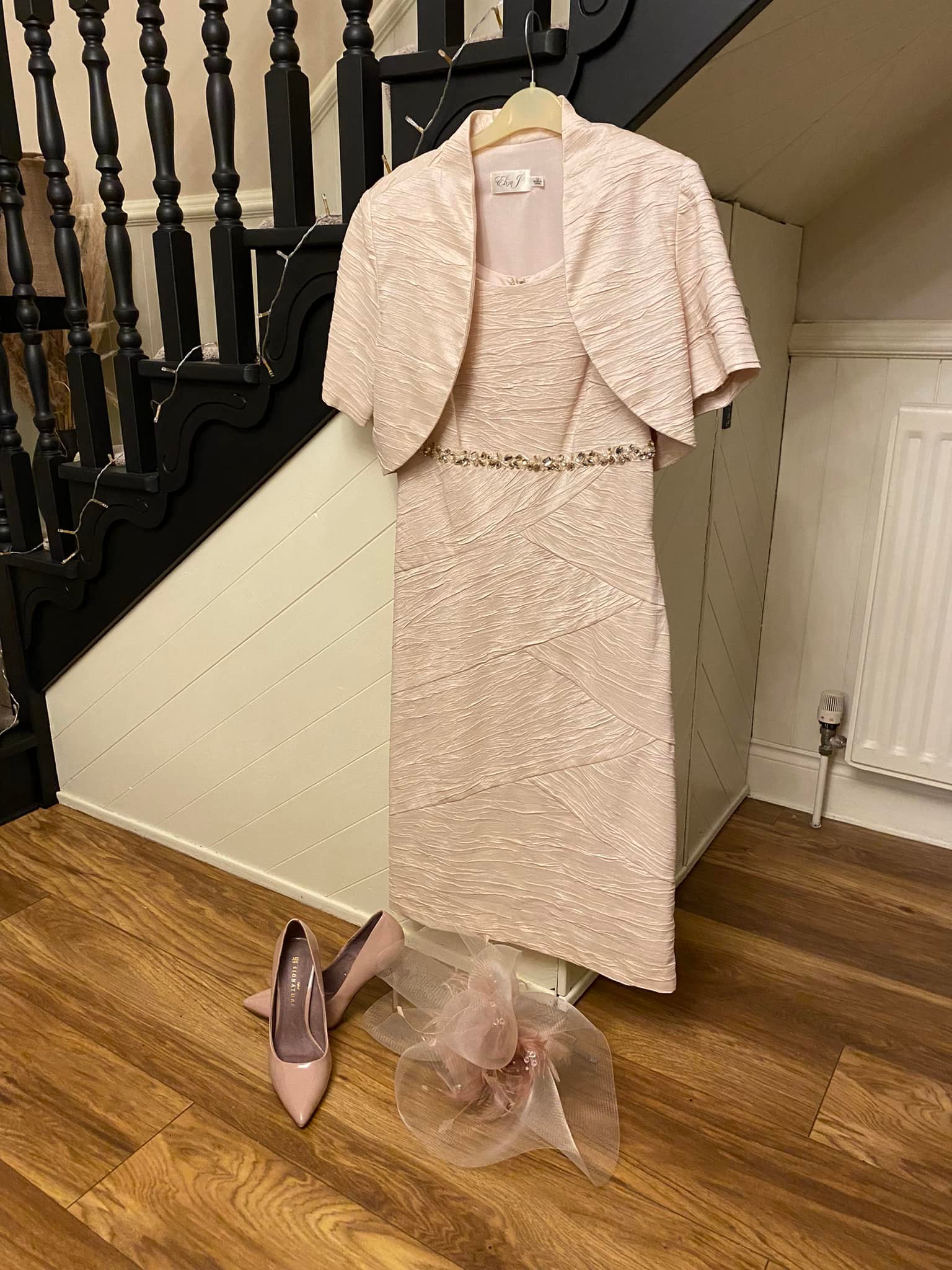 blush pink dress with gold shoes pearl and crystal detailing and matching bolero jacket for sale, worn once for son's wedding and dry cleaned. Size 12. £100 Next blush pink patent court pink dress gold shoes